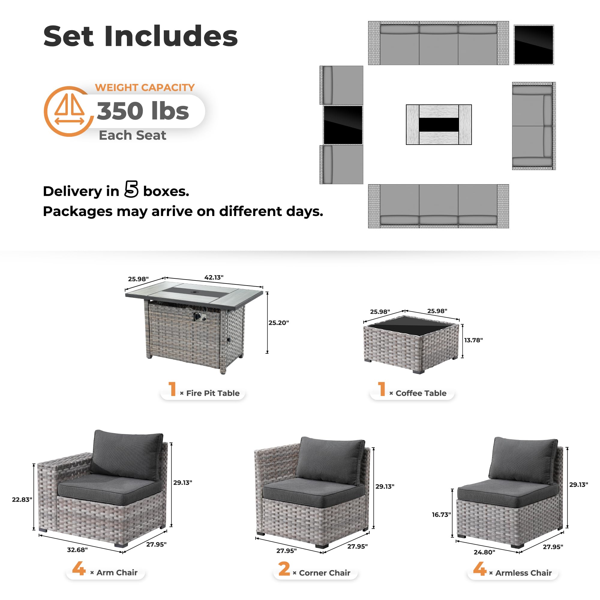 Ovios 13 Pieces Outdoor Furniture with 7.68'' Broad Handrails and Rectangle 42.12'' Fire Pit Table