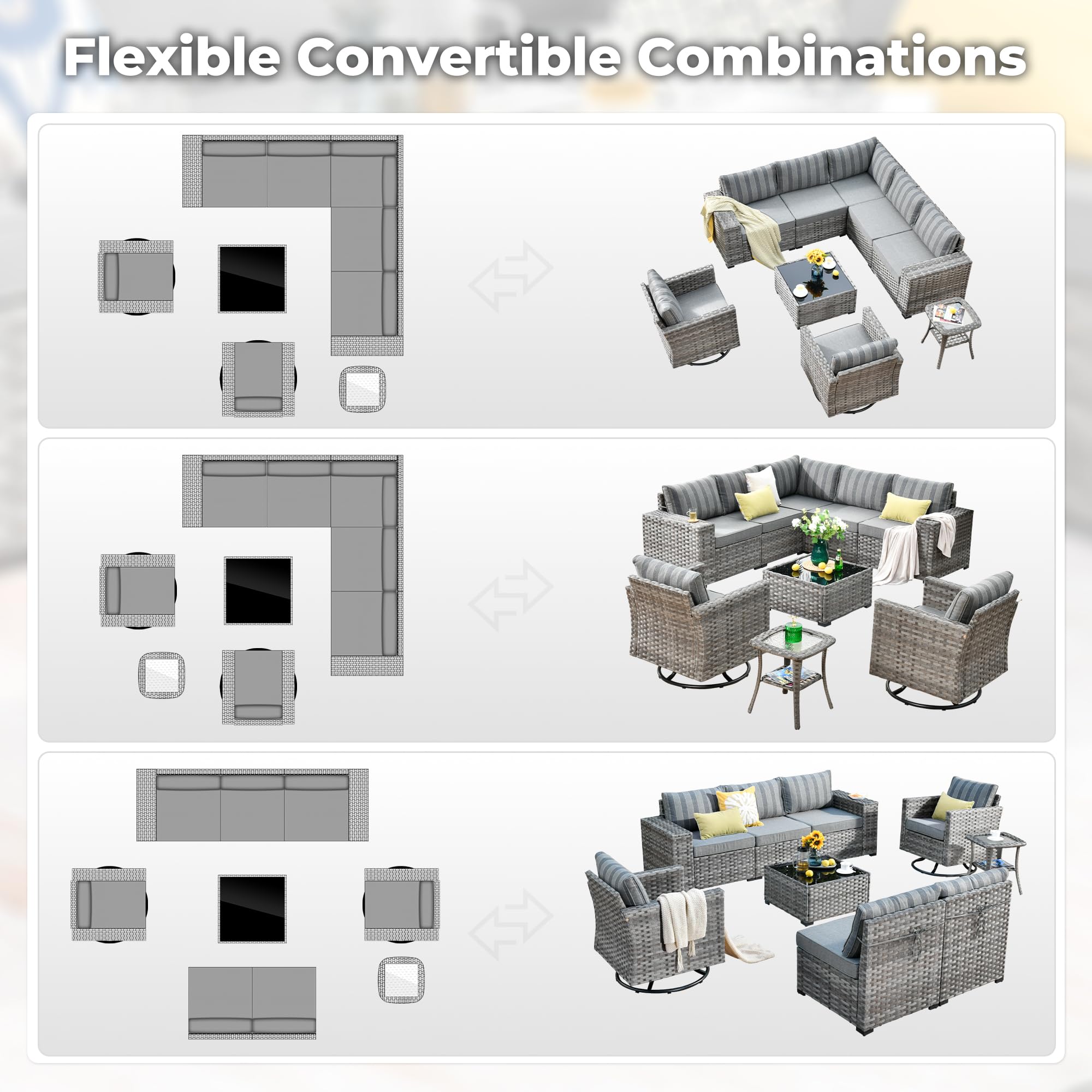 OVIOS Outdoor Furniture Set with flexible layouts in gray wicker, swivel chairs, and versatile arrangements for patios.