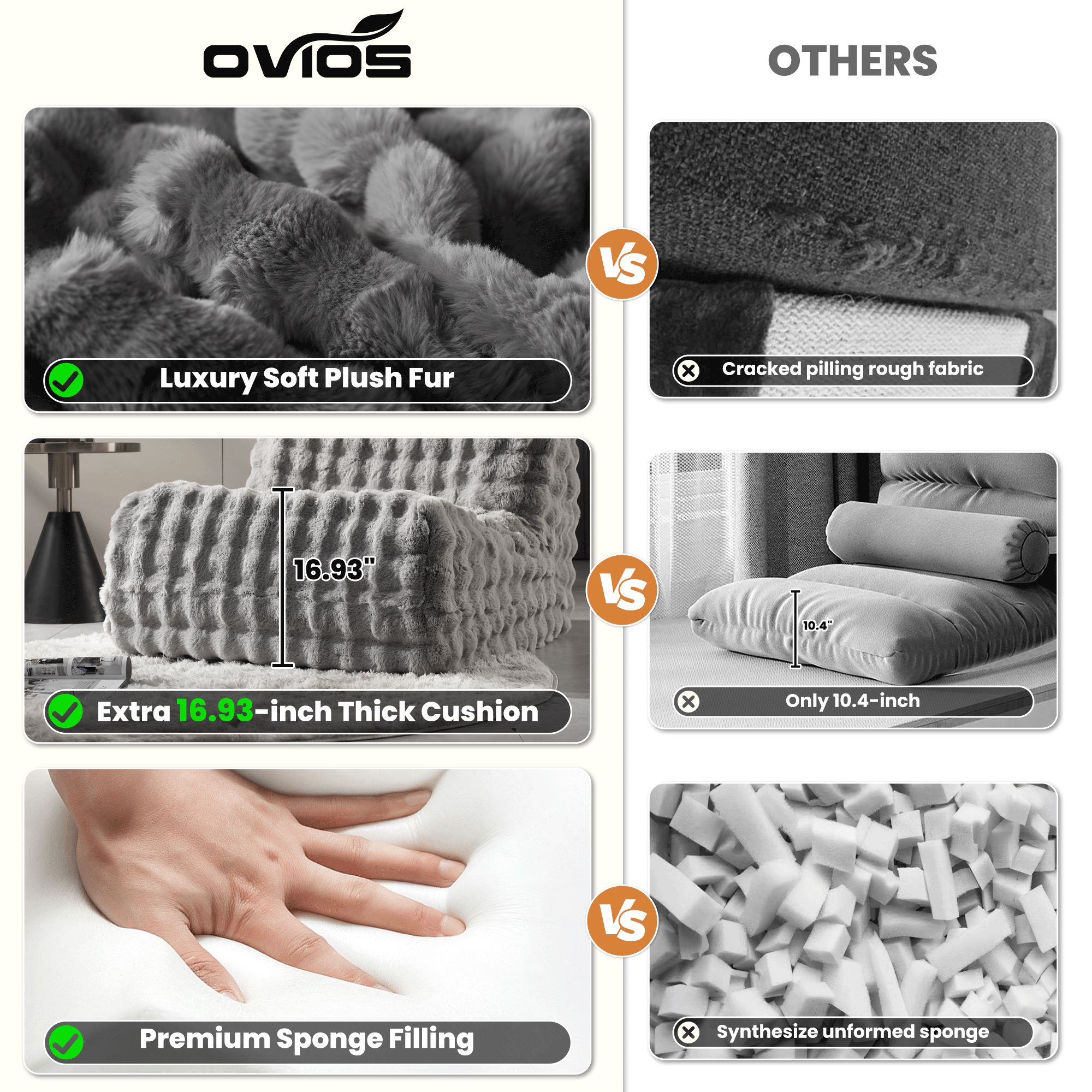 OVIOS Luxurious Fluffy Faux Fur Bean Bag Couch