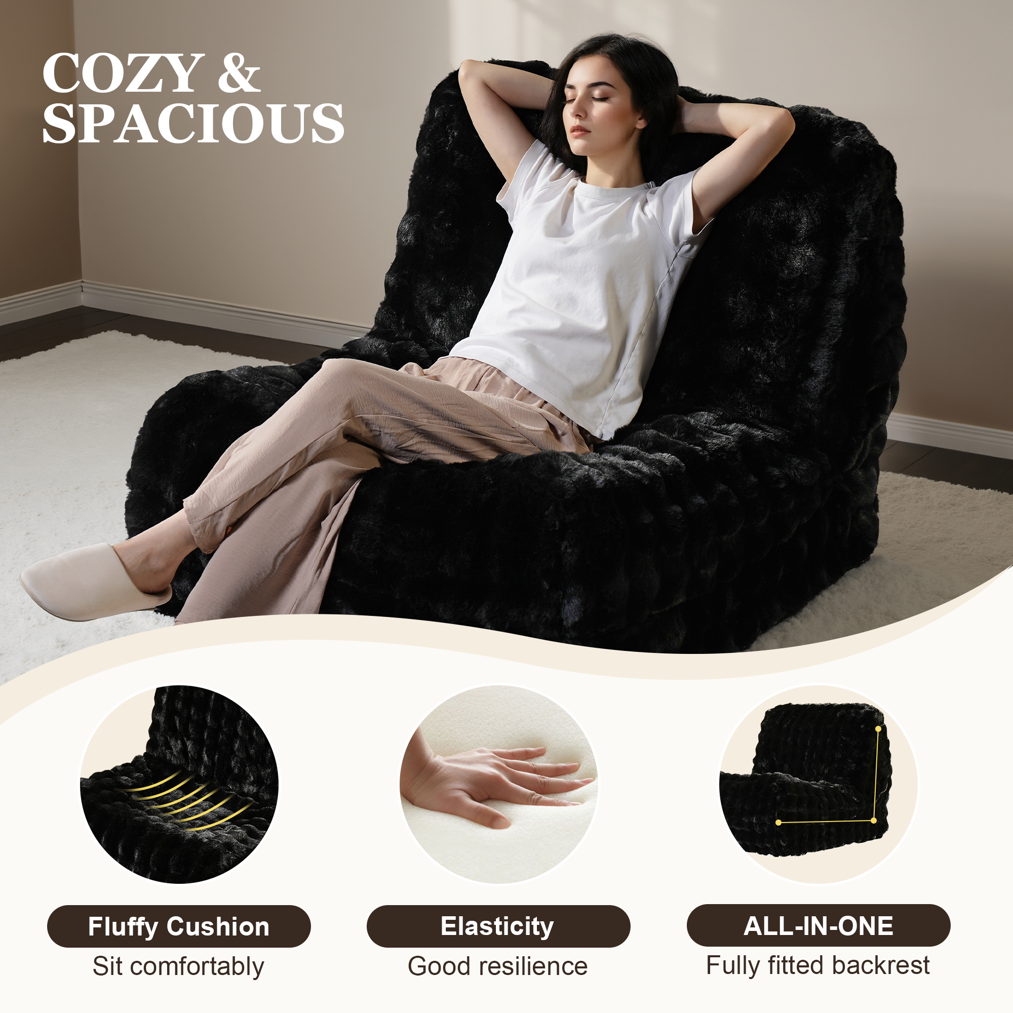 OVIOS Luxurious Fluffy Faux Fur Bean Bag Couch