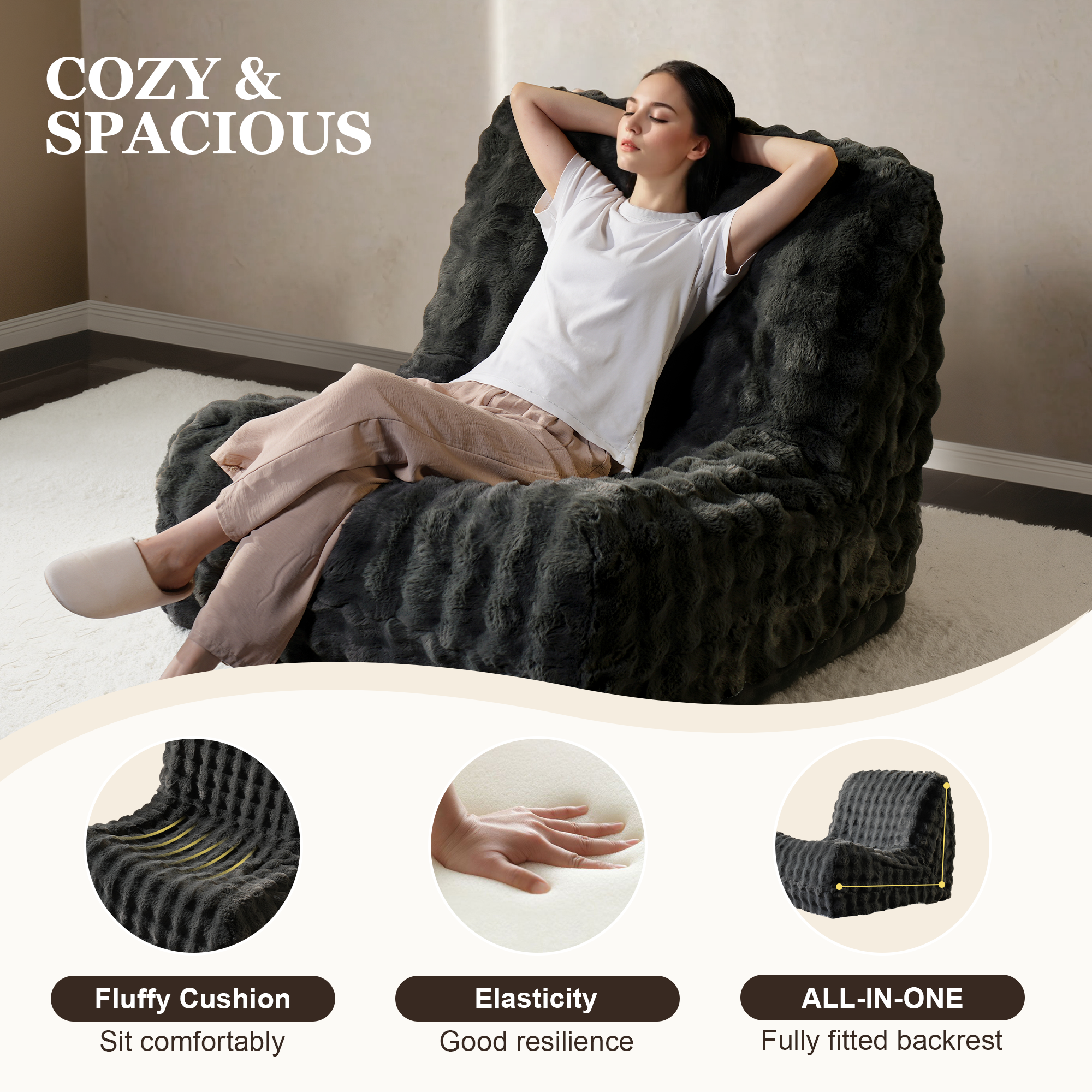 OVIOS Luxurious Fluffy Faux Fur Bean Bag Couch
