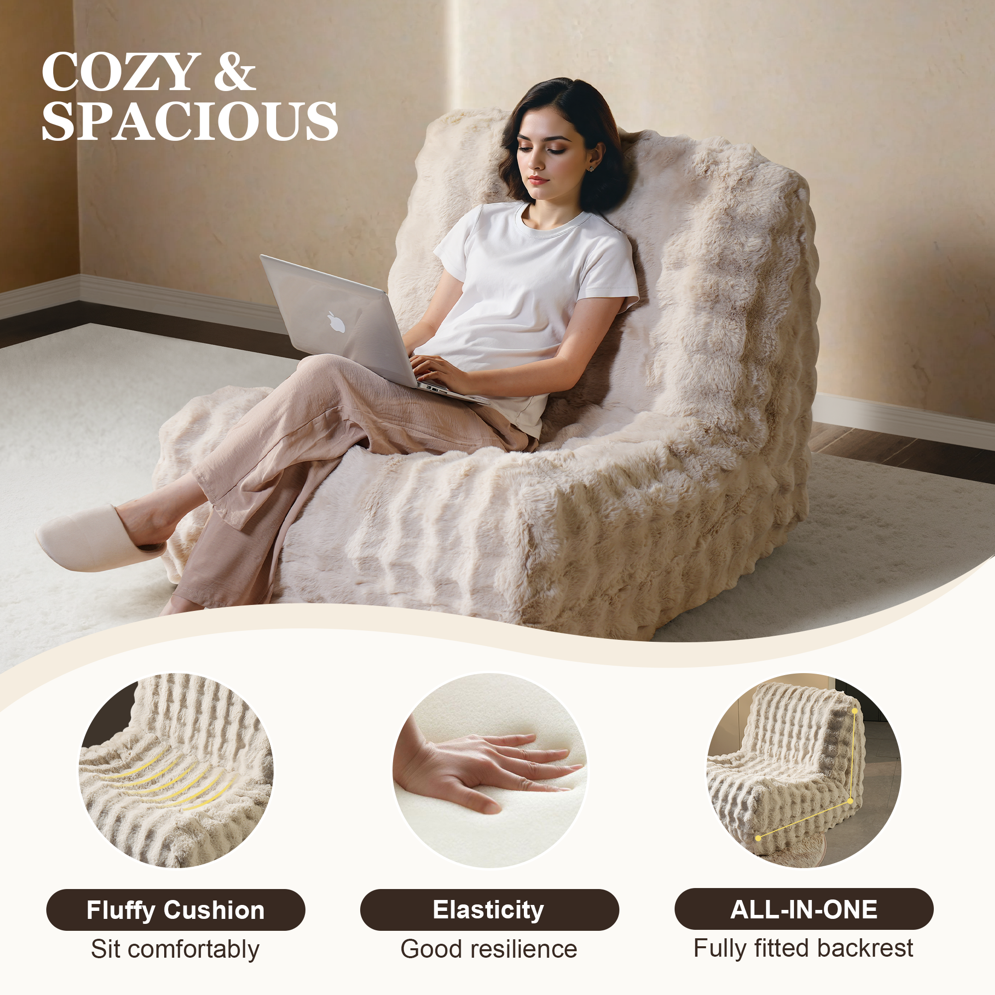 OVIOS Luxurious Fluffy Faux Fur Bean Bag Couch