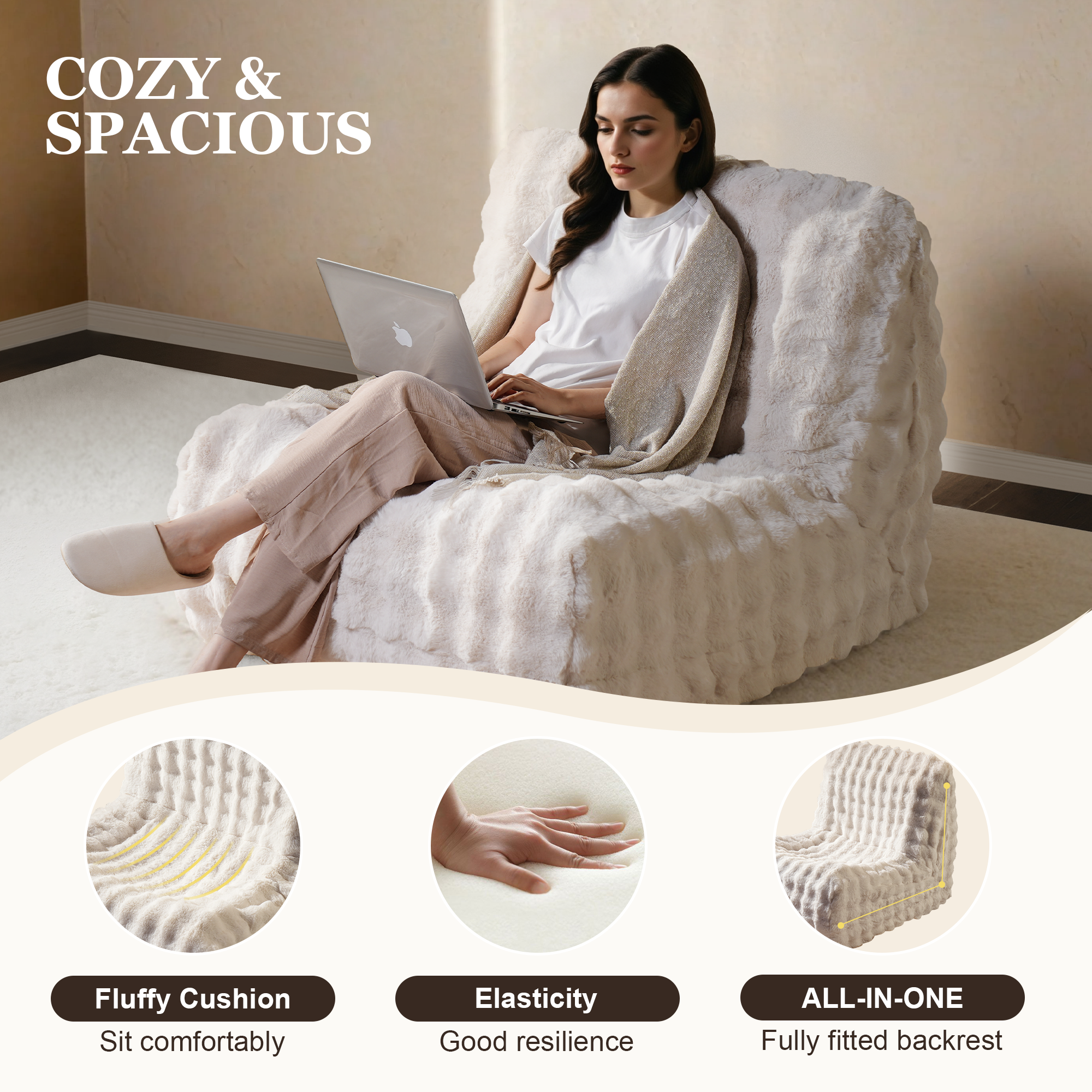 OVIOS Luxurious Fluffy Faux Fur Bean Bag Couch