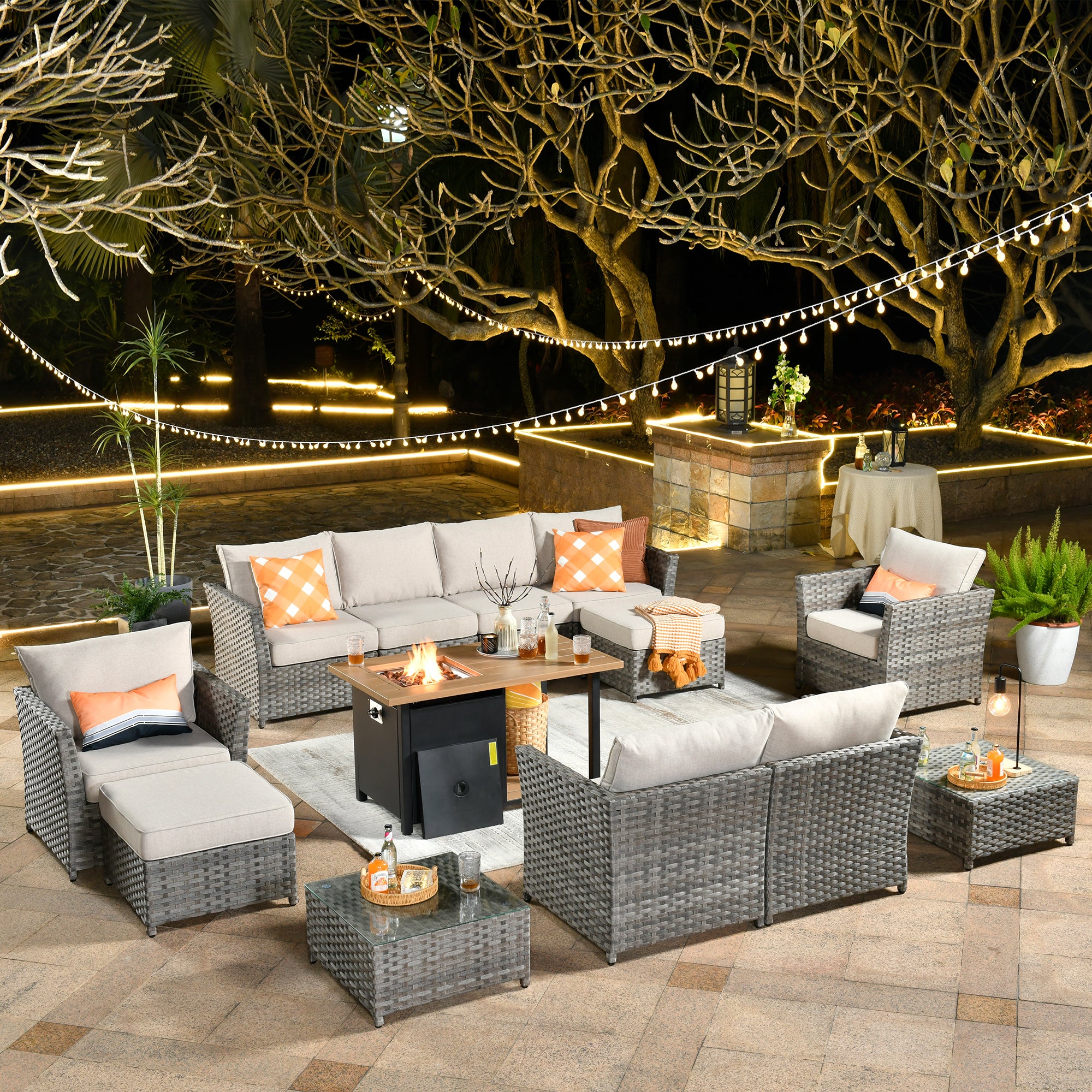 OVIOS Patio Furniture Set 13-Piece include 42"Rectangle Fire Pit Table, Partially Assembled,BRS Series