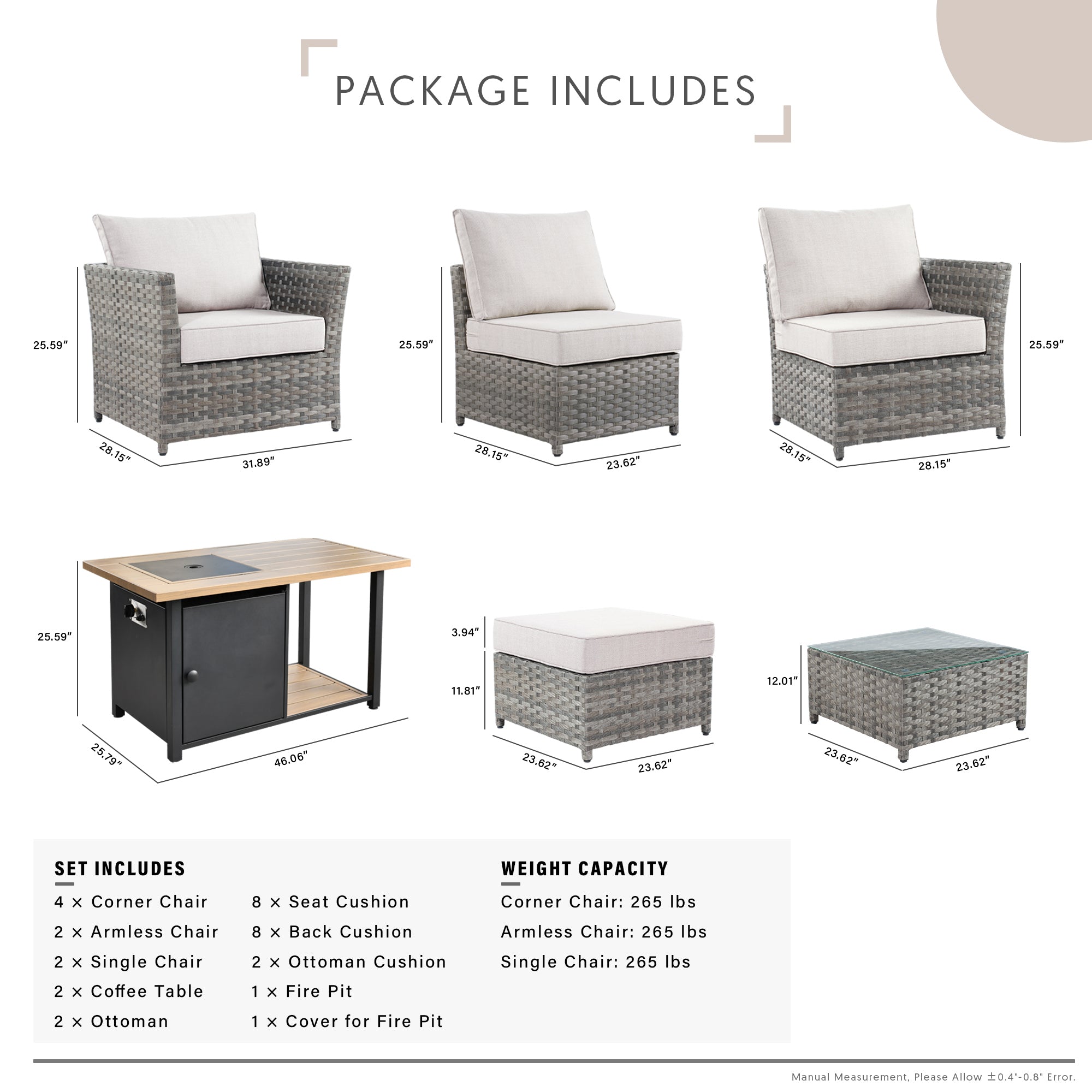 OVIOS Patio Furniture Set 13-Piece include 42"Rectangle Fire Pit Table, Partially Assembled,BRS Series