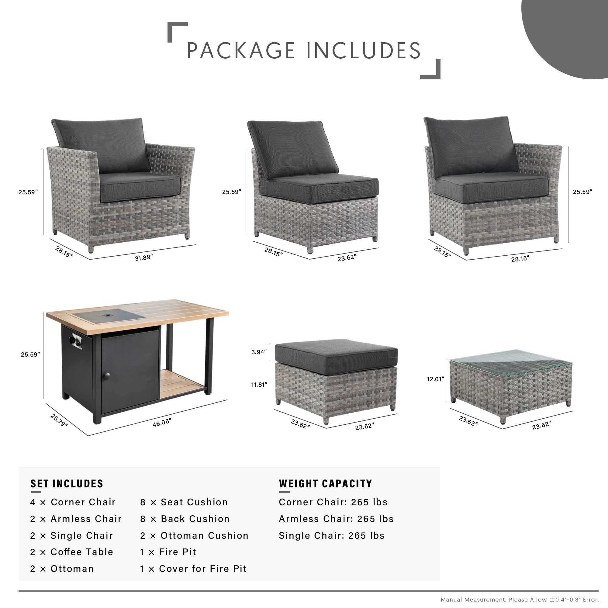 OVIOS Patio Furniture Set 13-Piece include 42"Rectangle Fire Pit Table, Partially Assembled,BRS Series