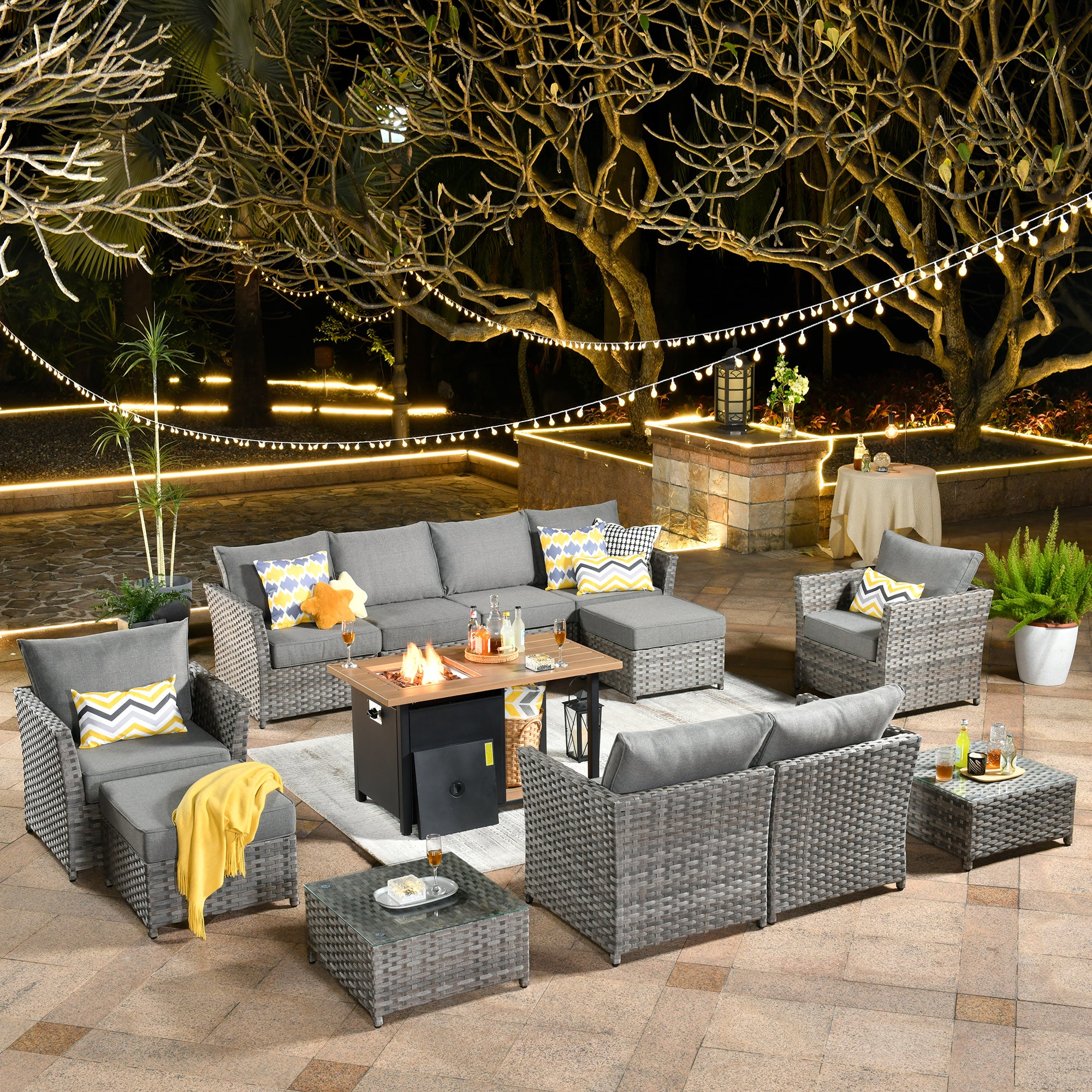 OVIOS Patio Furniture Set 13-Piece include 42"Rectangle Fire Pit Table, Partially Assembled,BRS Series