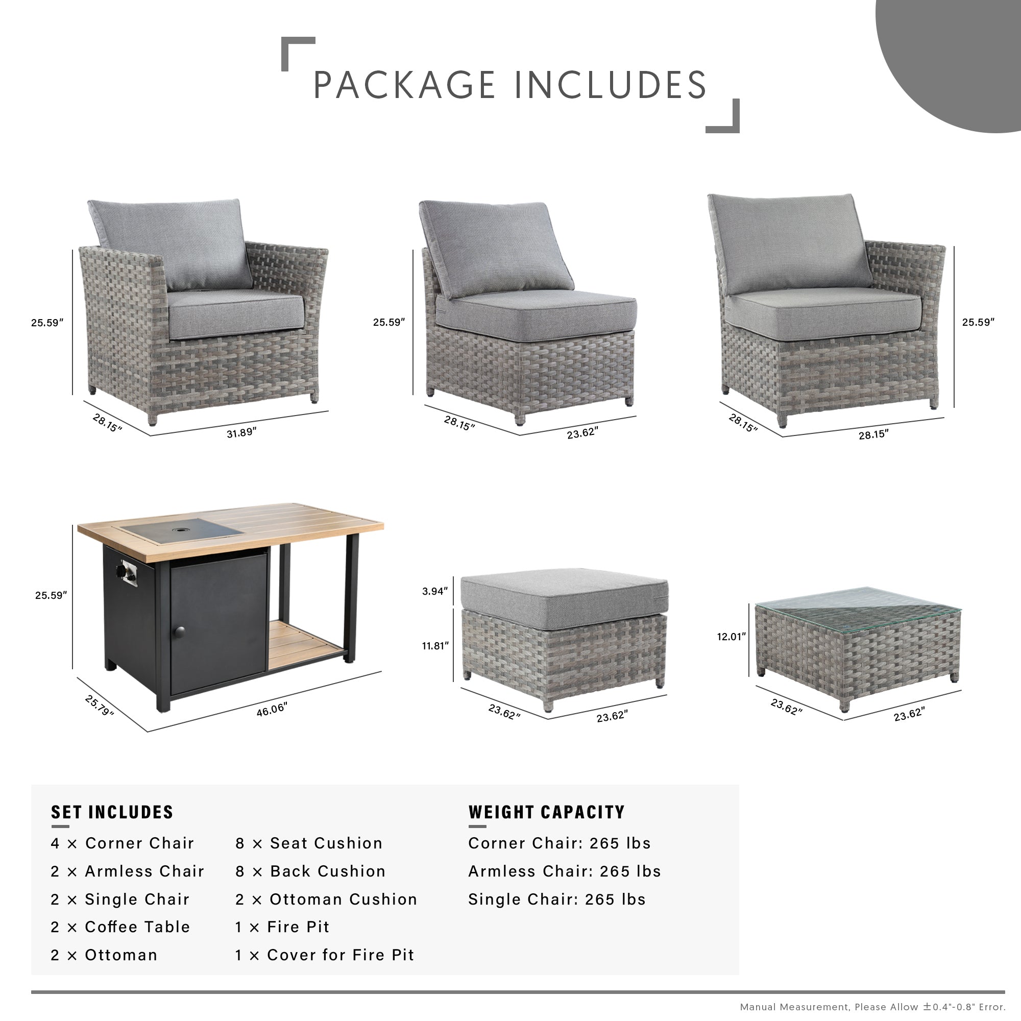 OVIOS Patio Furniture Set 13-Piece include 42"Rectangle Fire Pit Table, Partially Assembled,BRS Series