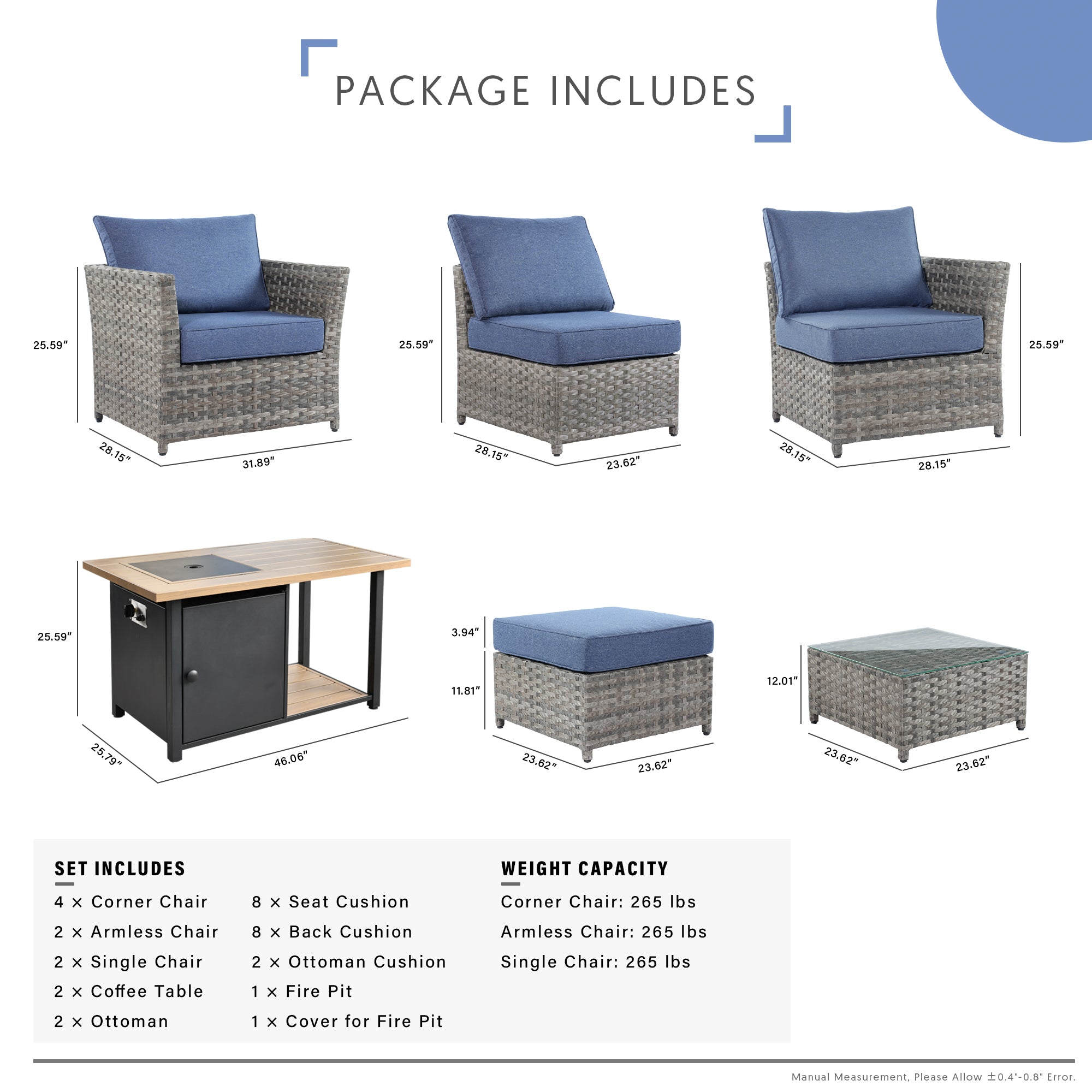 OVIOS Patio Furniture Set 13-Piece include 42"Rectangle Fire Pit Table, Partially Assembled,BRS Series