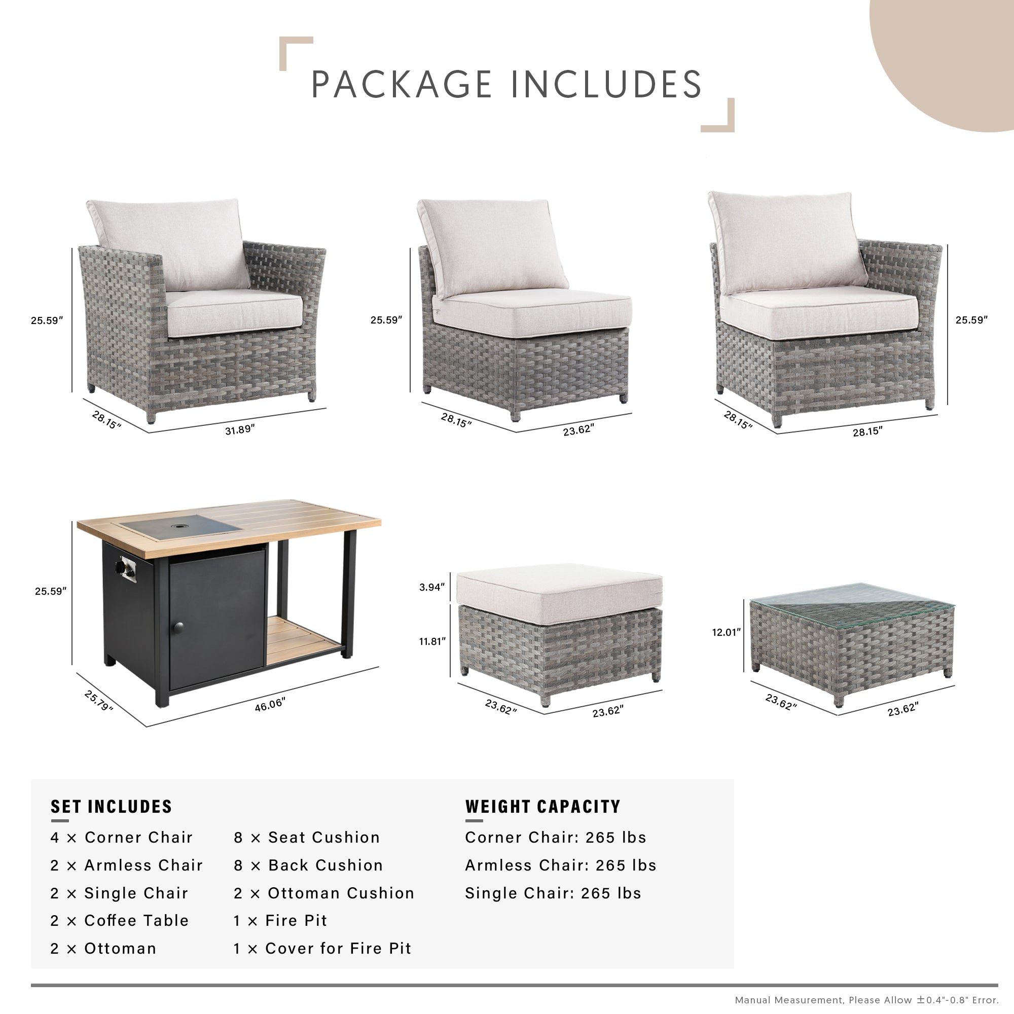 OVIOS Patio Furniture Set 13-Piece include 42"Rectangle Fire Pit Table, Partially Assembled,BRS Series