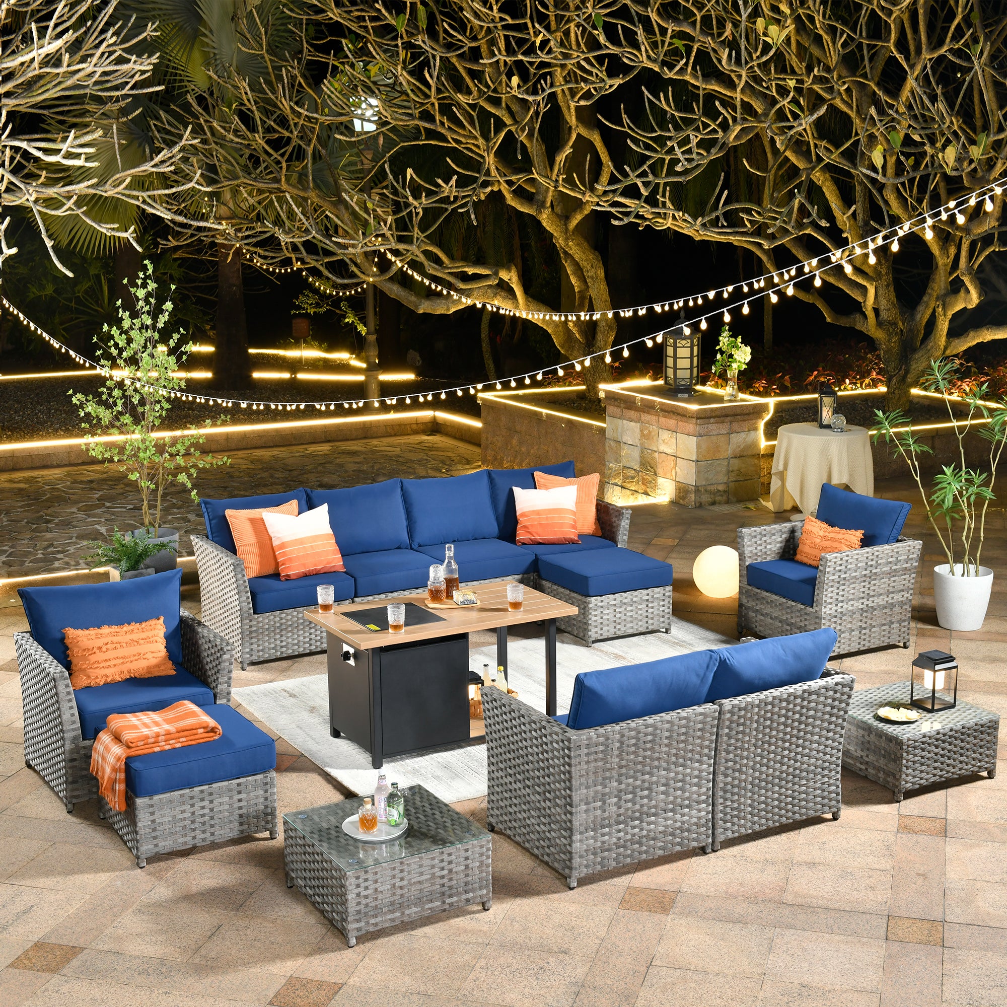 OVIOS Patio Furniture Set 13-Piece include 42"Rectangle Fire Pit Table, Partially Assembled,BRS Series