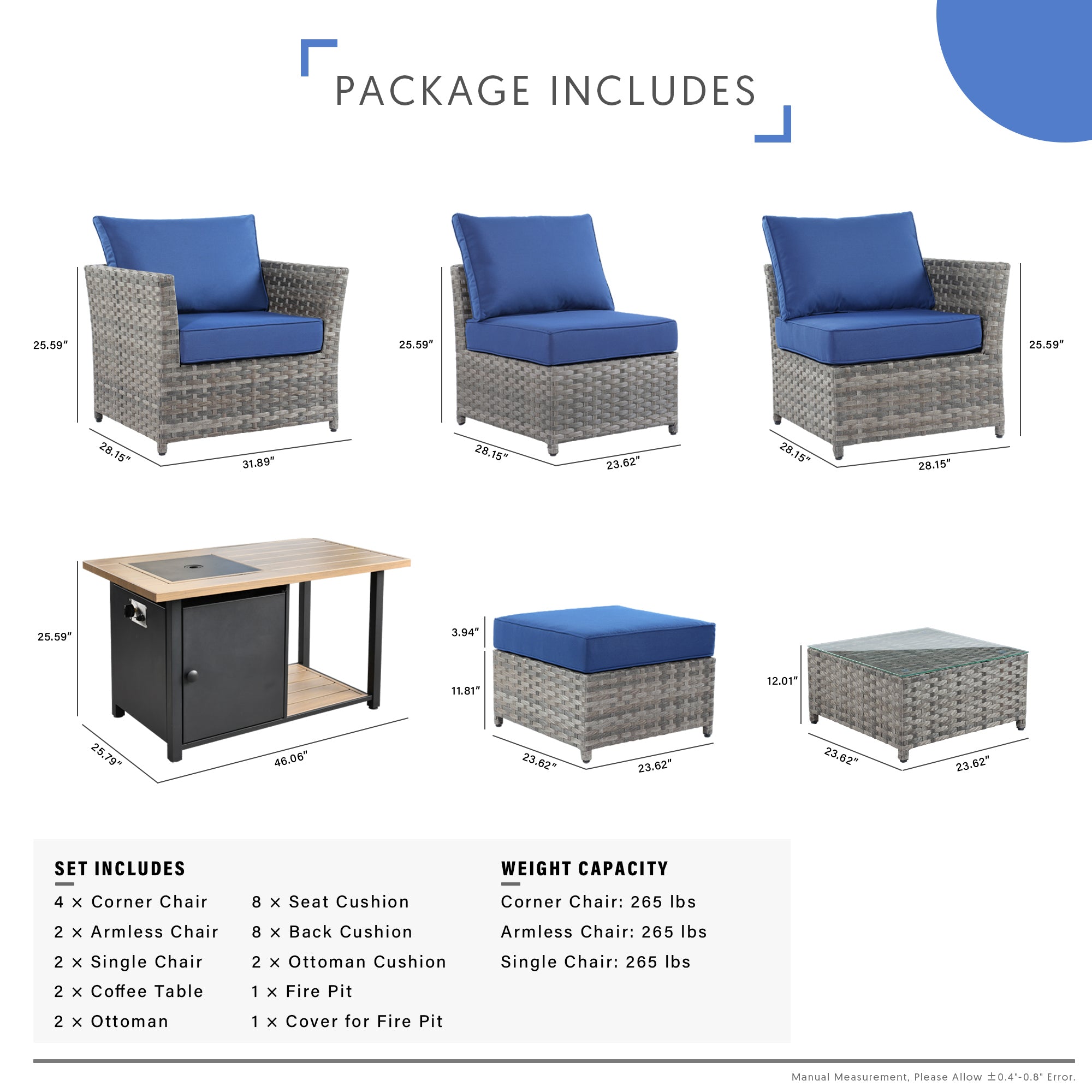 OVIOS Patio Furniture Set 13-Piece include 42"Rectangle Fire Pit Table, Partially Assembled,BRS Series