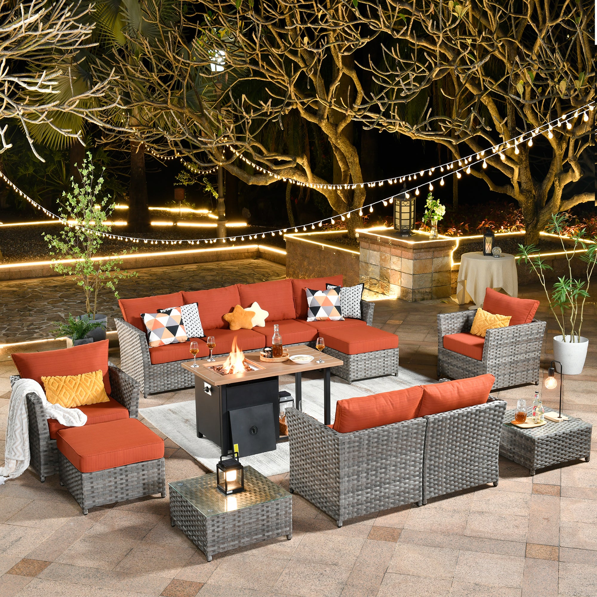OVIOS Patio Furniture Set 13-Piece include 42"Rectangle Fire Pit Table, Partially Assembled,BRS Series