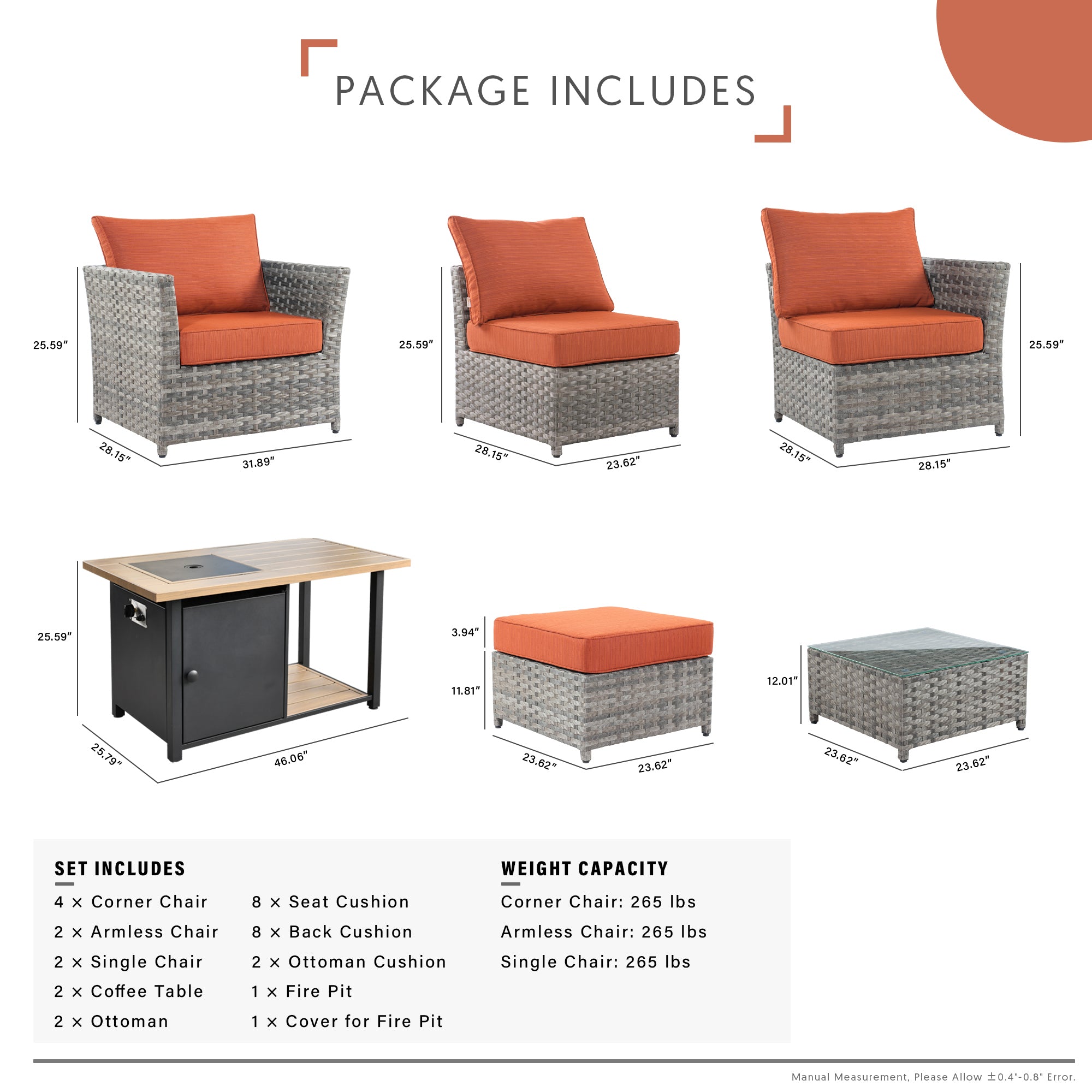 OVIOS Patio Furniture Set 13-Piece include 42"Rectangle Fire Pit Table, Partially Assembled,BRS Series