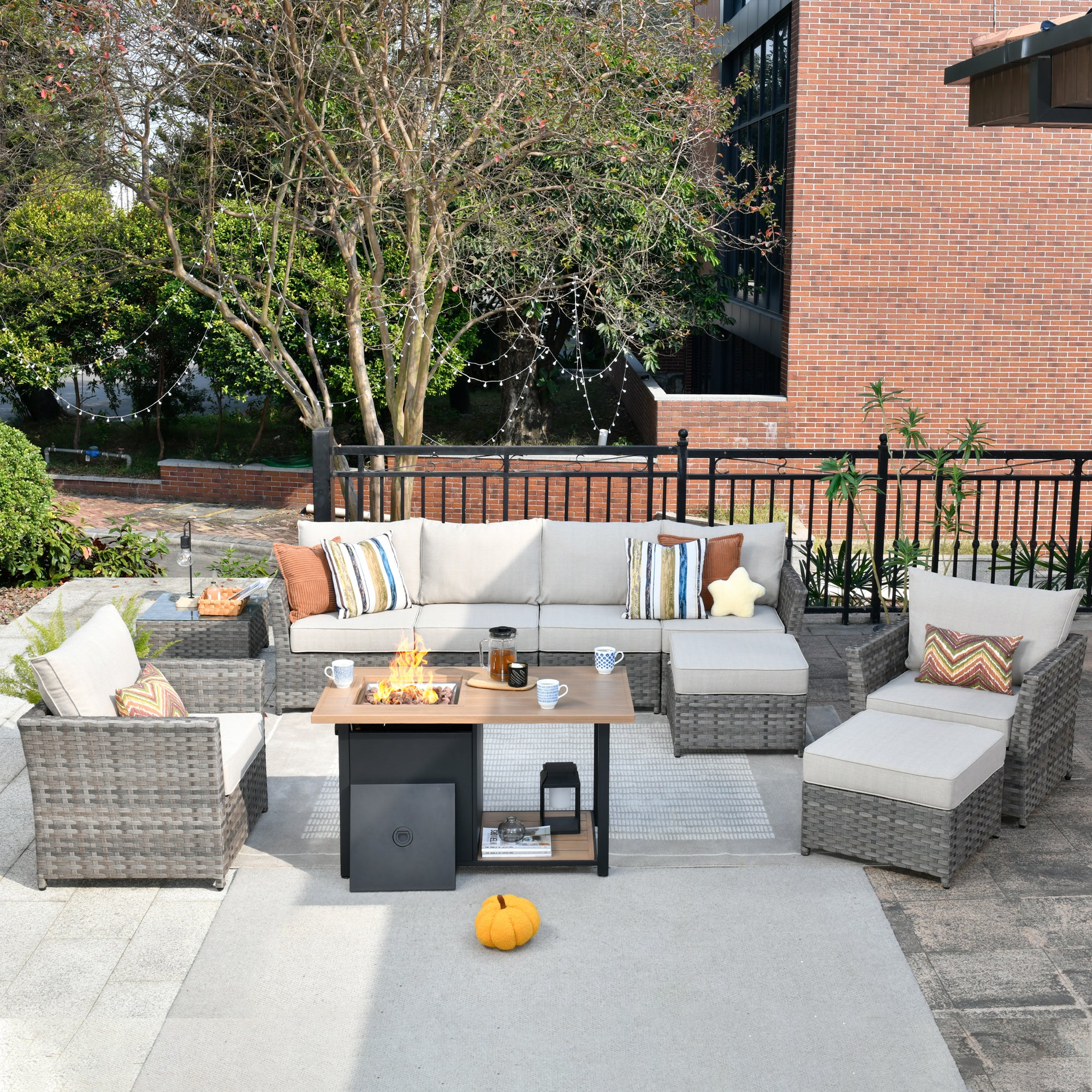 10-Pc Wicker Patio Set + Fire Pit