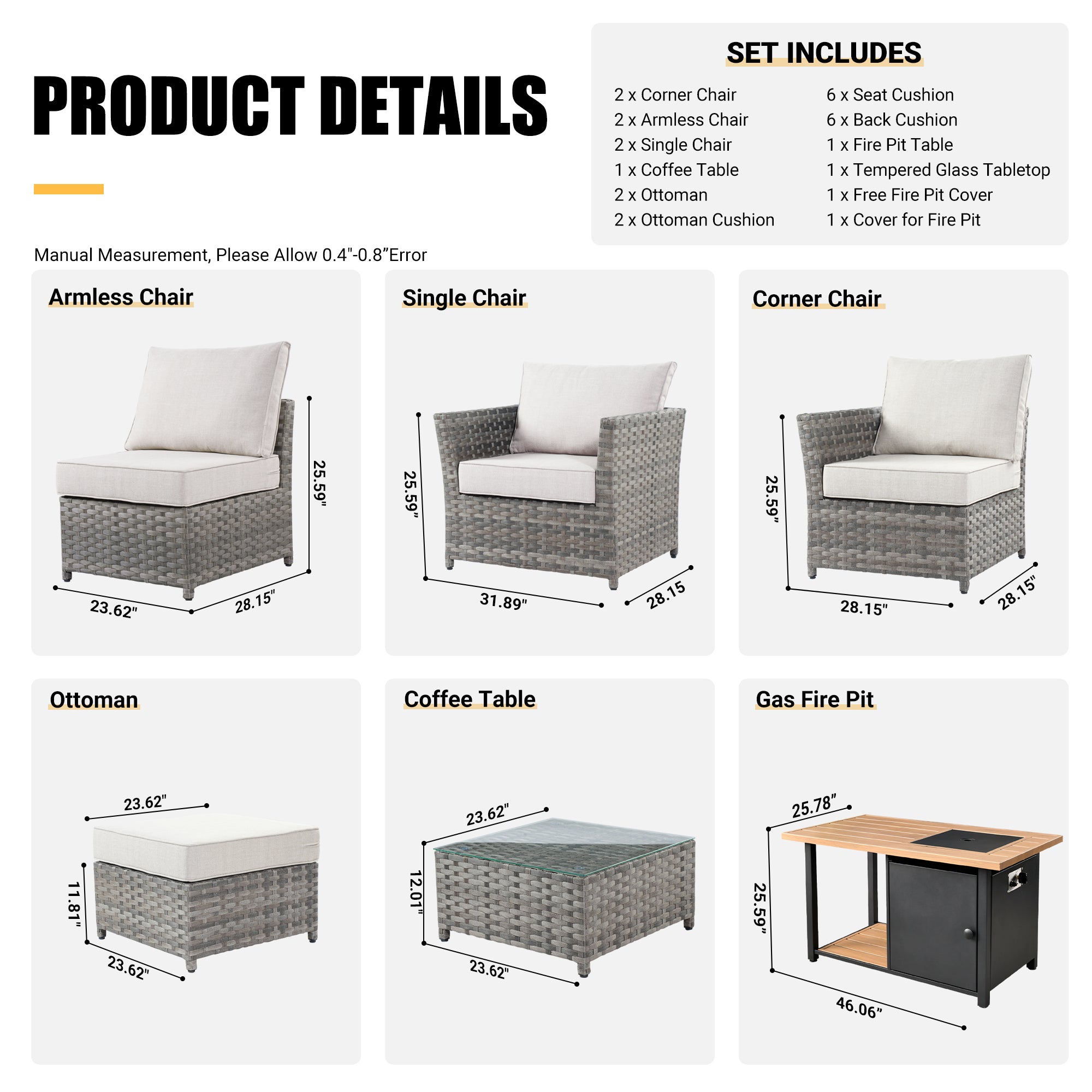 OVIOS Patio Furniture Set 10-Piece include 42"Rectangle Fire Pit Table, Partially Assembled,BRS Series