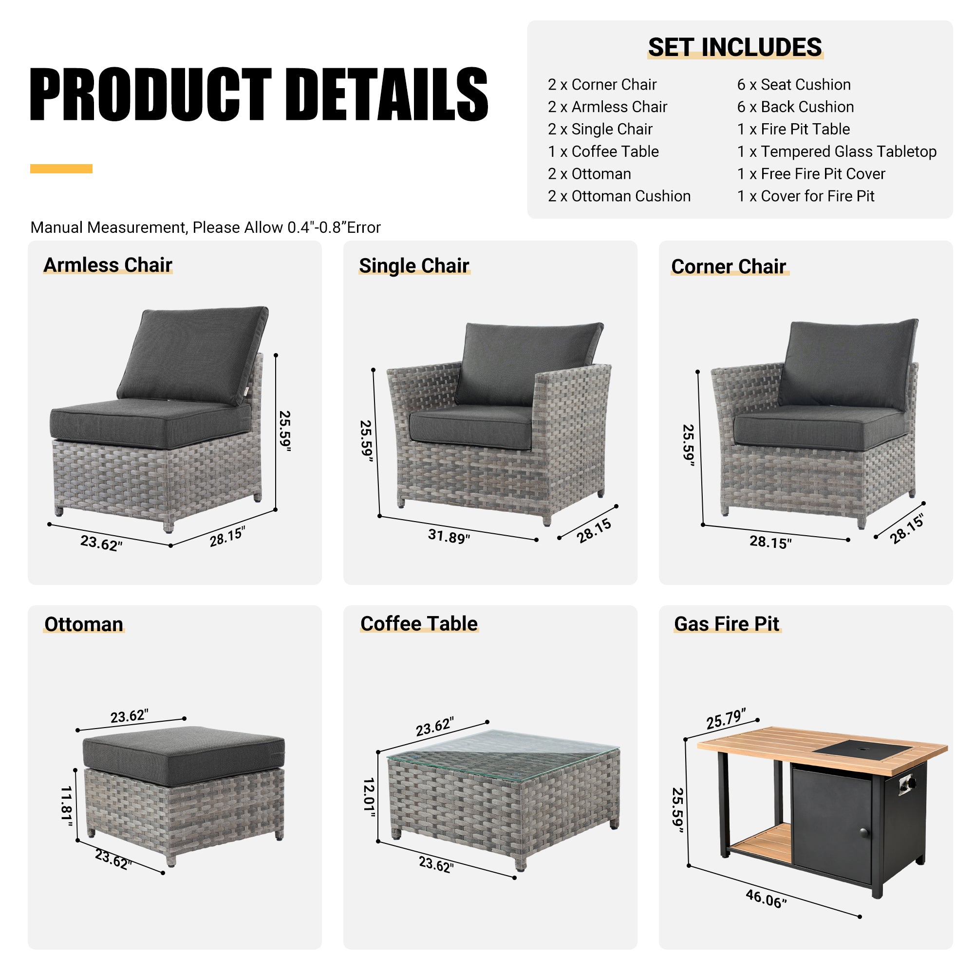 OVIOS Patio Furniture Set 10-Piece include 42"Rectangle Fire Pit Table, Partially Assembled,BRS Series