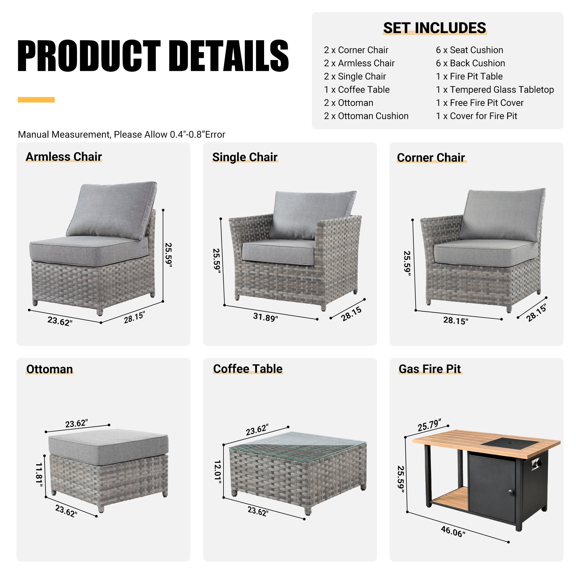 OVIOS Patio Furniture Set 10-Piece include 42"Rectangle Fire Pit Table, Partially Assembled,BRS Series
