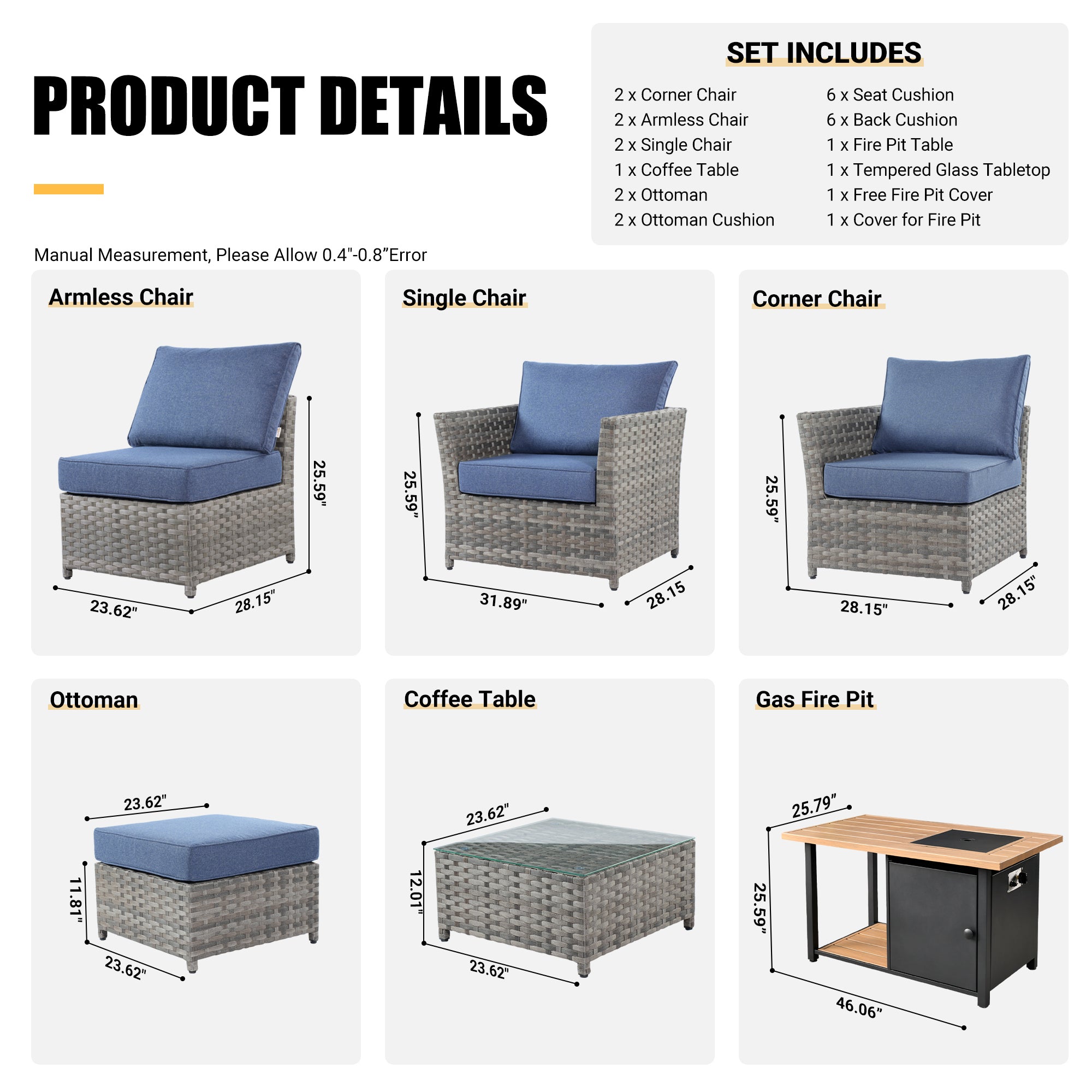 OVIOS Patio Furniture Set 10-Piece include 42"Rectangle Fire Pit Table, Partially Assembled,BRS Series