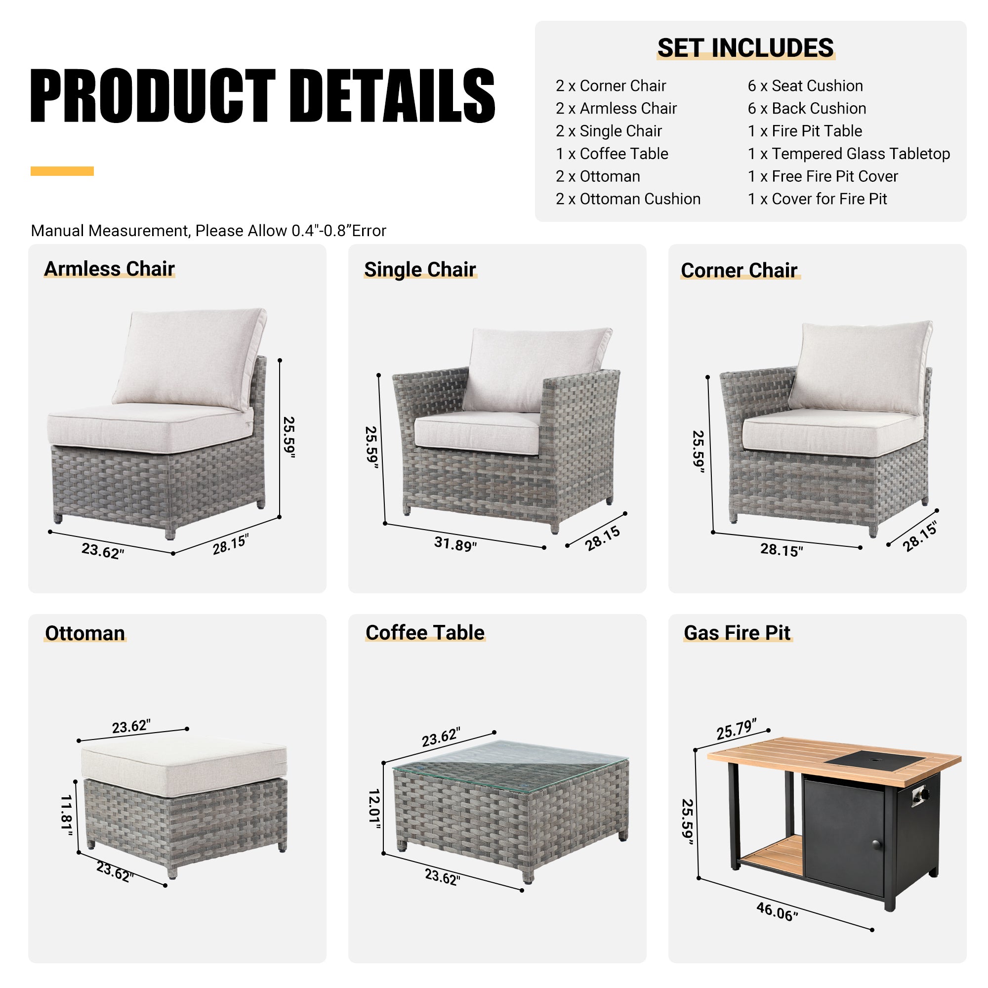 OVIOS Patio Furniture Set 10-Piece include 42"Rectangle Fire Pit Table, Partially Assembled,BRS Series