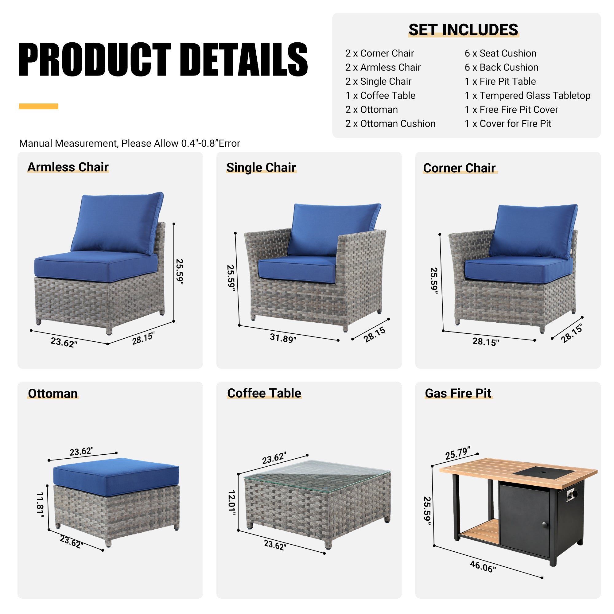 OVIOS Patio Furniture Set 10-Piece include 42"Rectangle Fire Pit Table, Partially Assembled,BRS Series