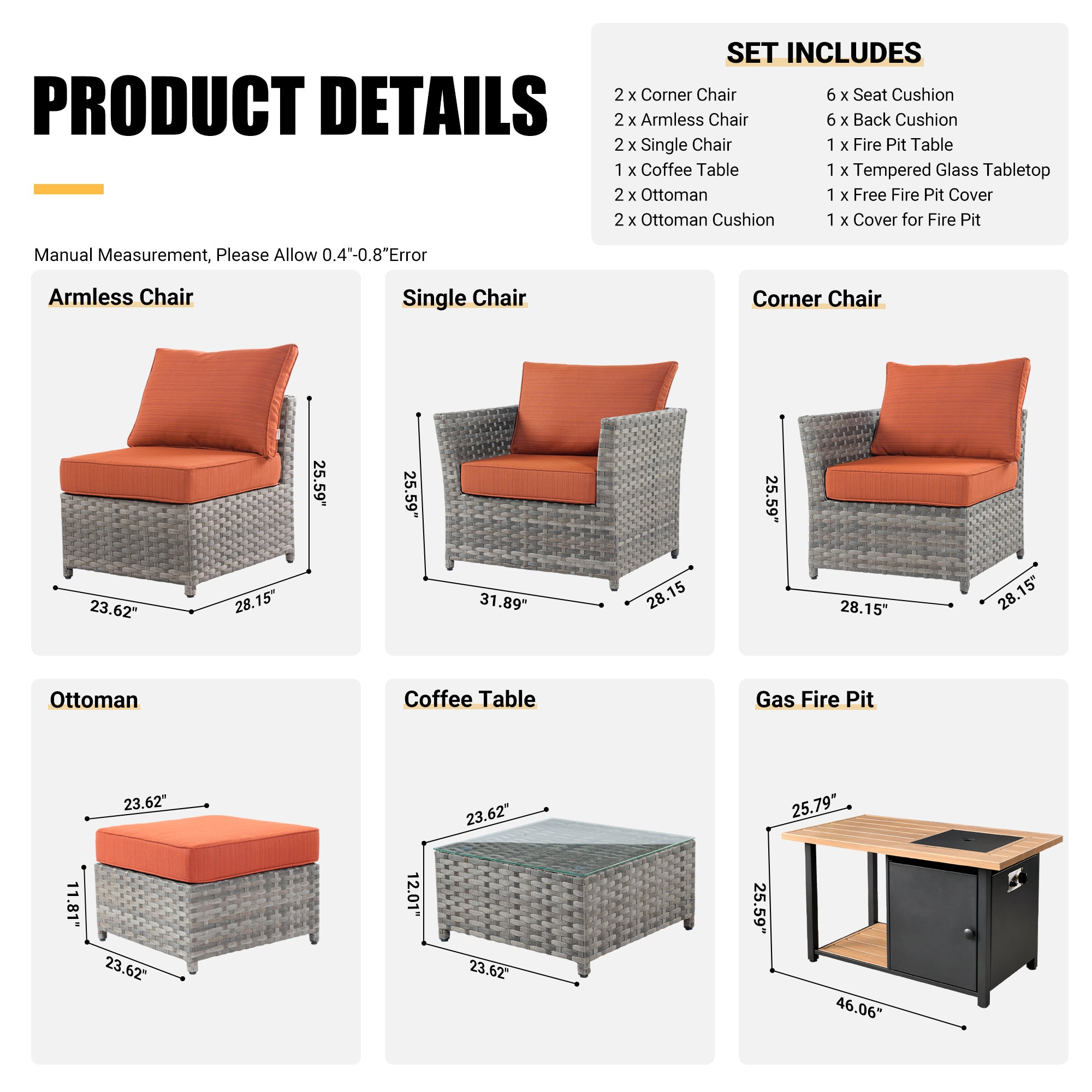 OVIOS Patio Furniture Set 10-Piece include 42"Rectangle Fire Pit Table, Partially Assembled,BRS Series