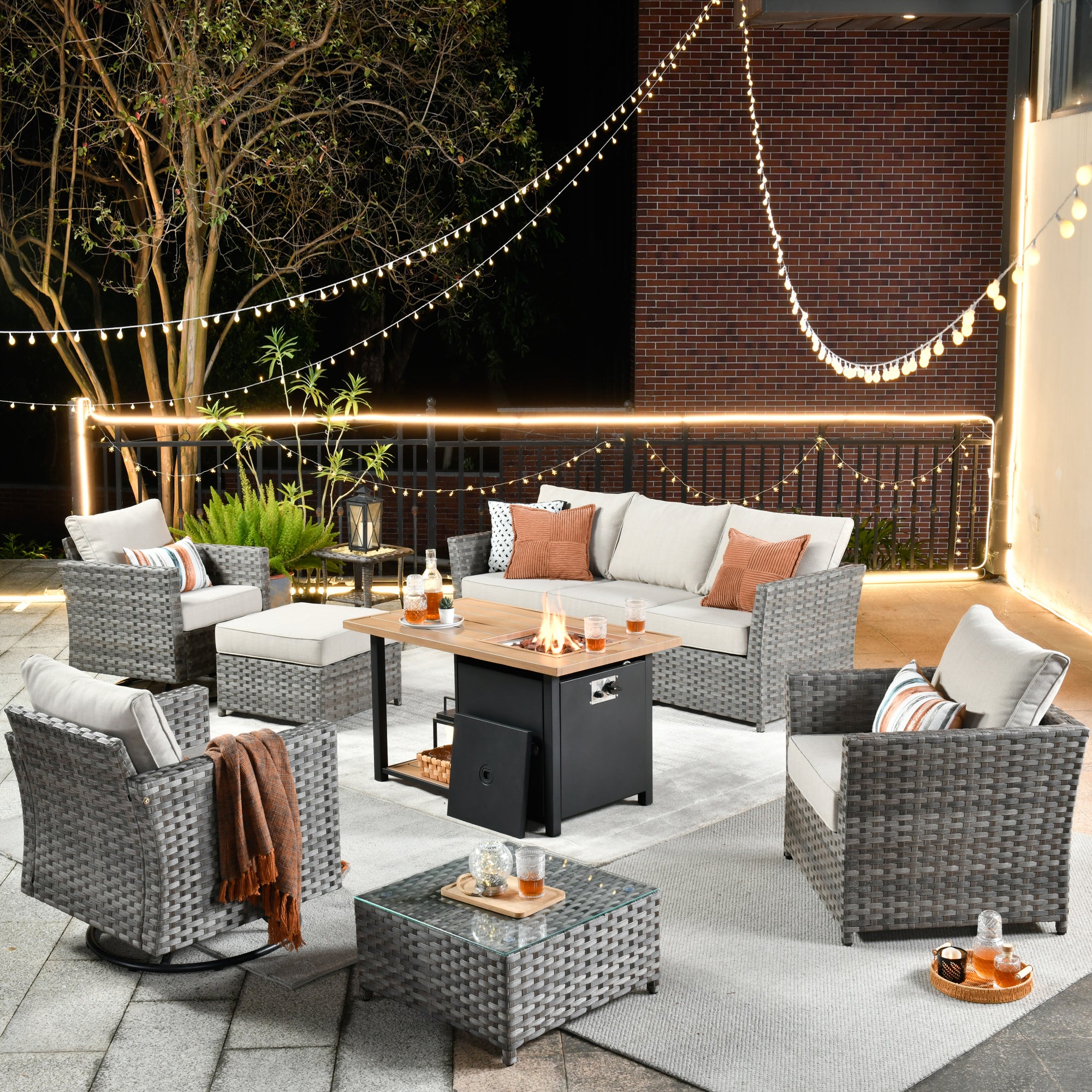 OVIOS Patio Furniture Set 10-Piece include 42"Rectangle Fire Pit Table&Swivel Chairs, Partially Assembled,BRS Series