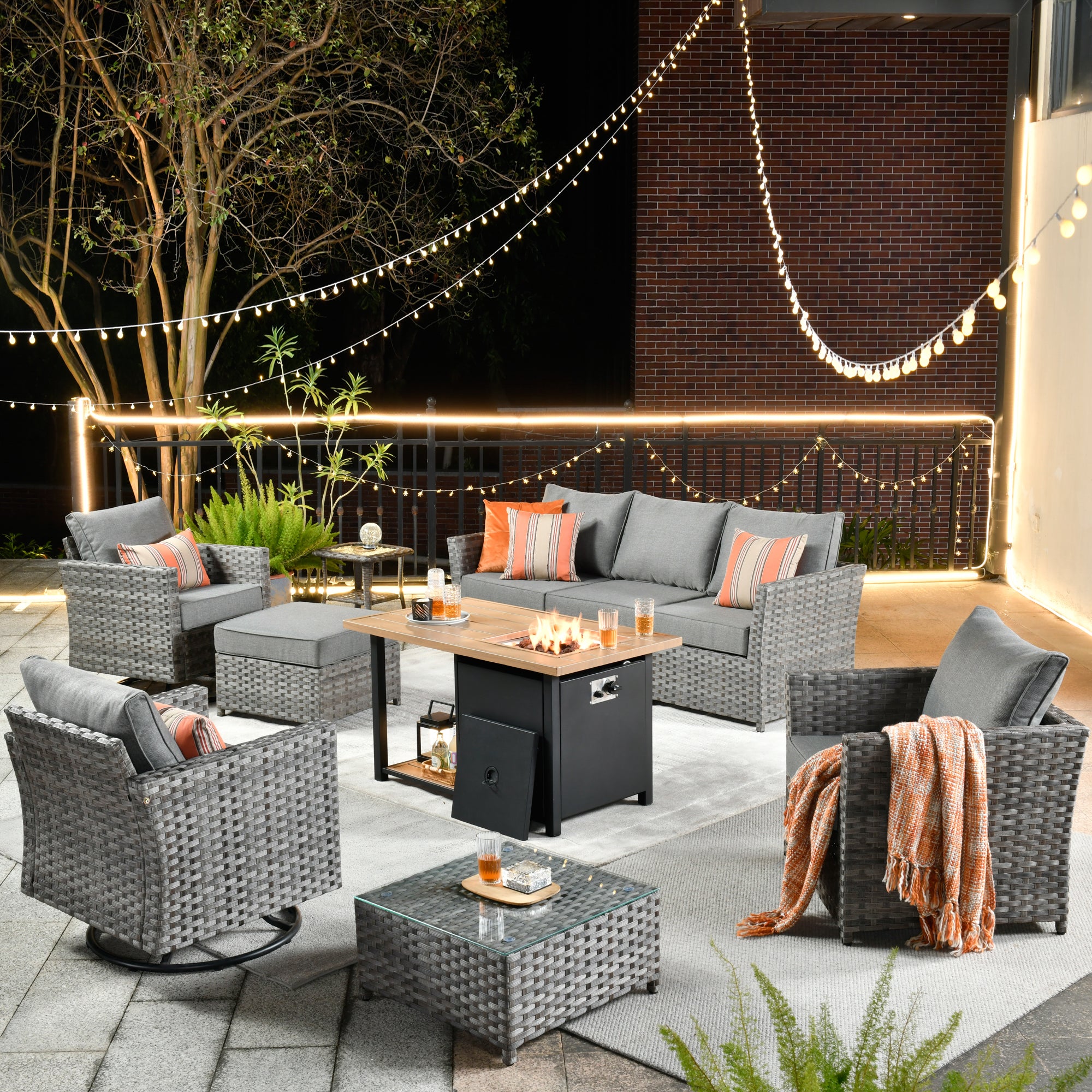 OVIOS Patio Furniture Set 10-Piece include 42"Rectangle Fire Pit Table&Swivel Chairs, Partially Assembled,BRS Series