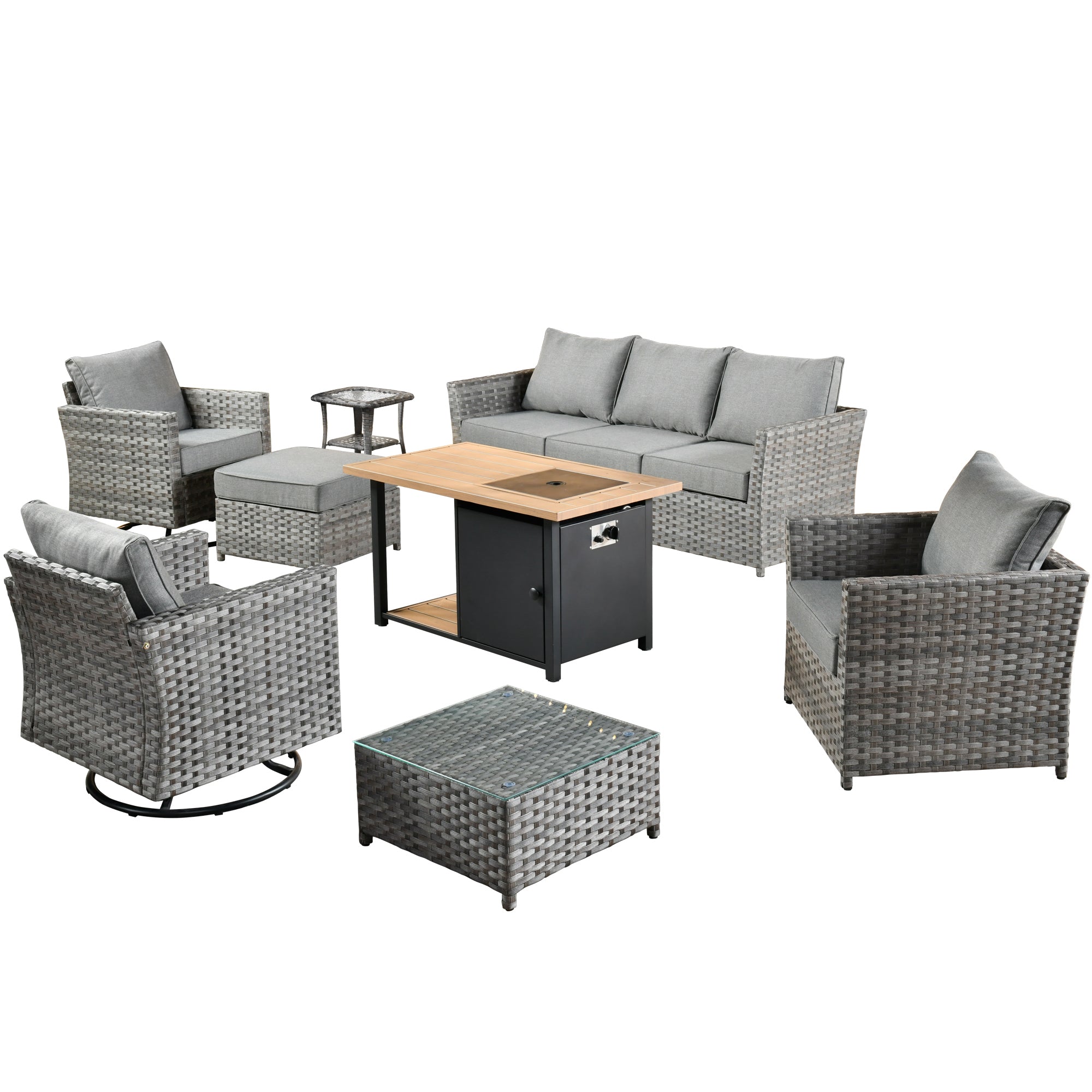Ovios Patio Furniture Set 8-Piece include 42"Rectangle Fire Pit Table&Swivel Chairs, Partially Assembled,BRS Series
