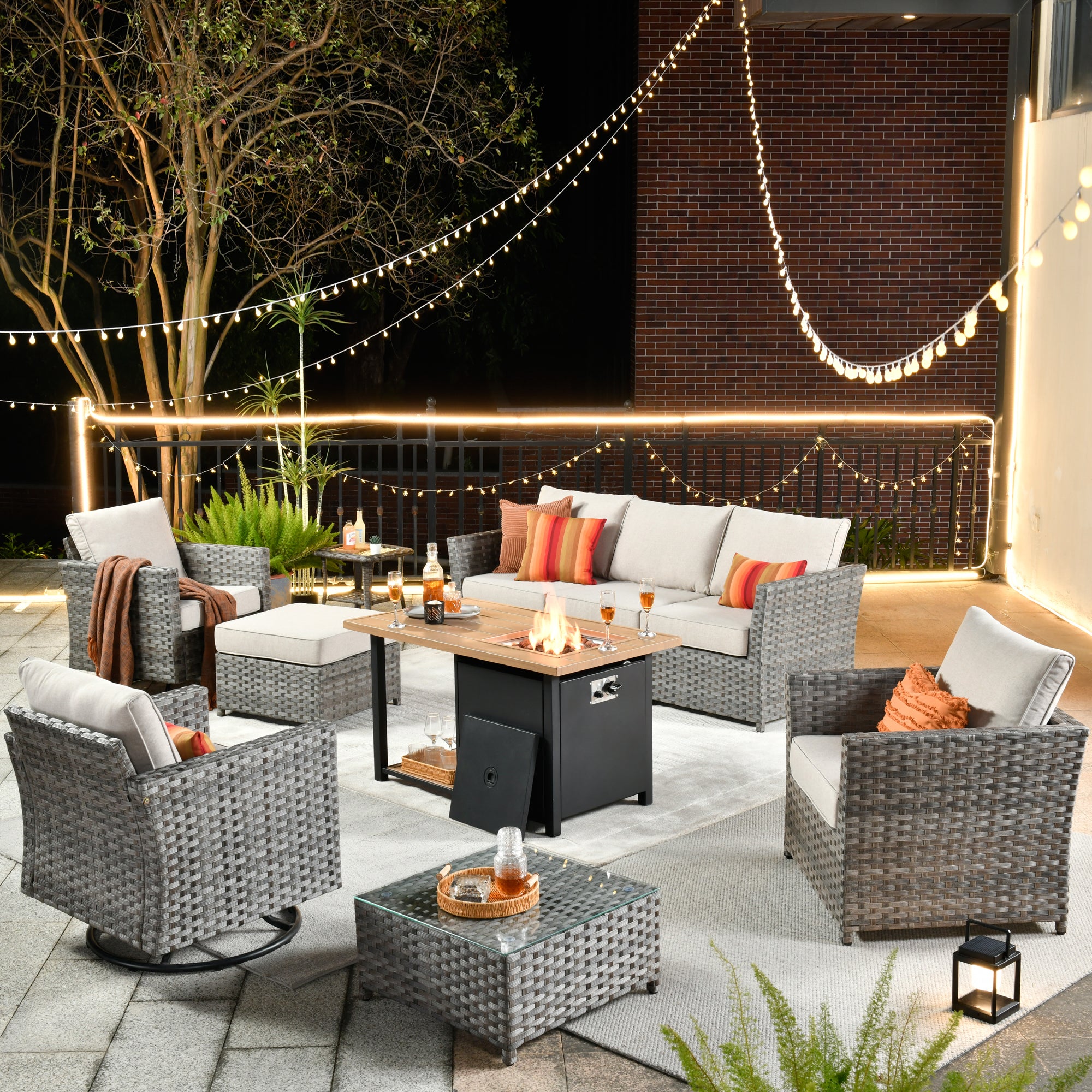 OVIOS Patio Furniture Set 10-Piece include 42"Rectangle Fire Pit Table&Swivel Chairs, Partially Assembled,BRS Series