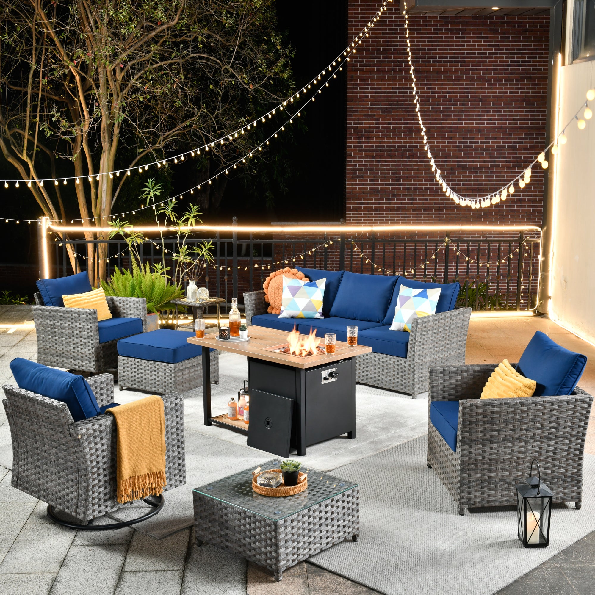 OVIOS Patio Furniture Set 10-Piece include 42"Rectangle Fire Pit Table&Swivel Chairs, Partially Assembled,BRS Series