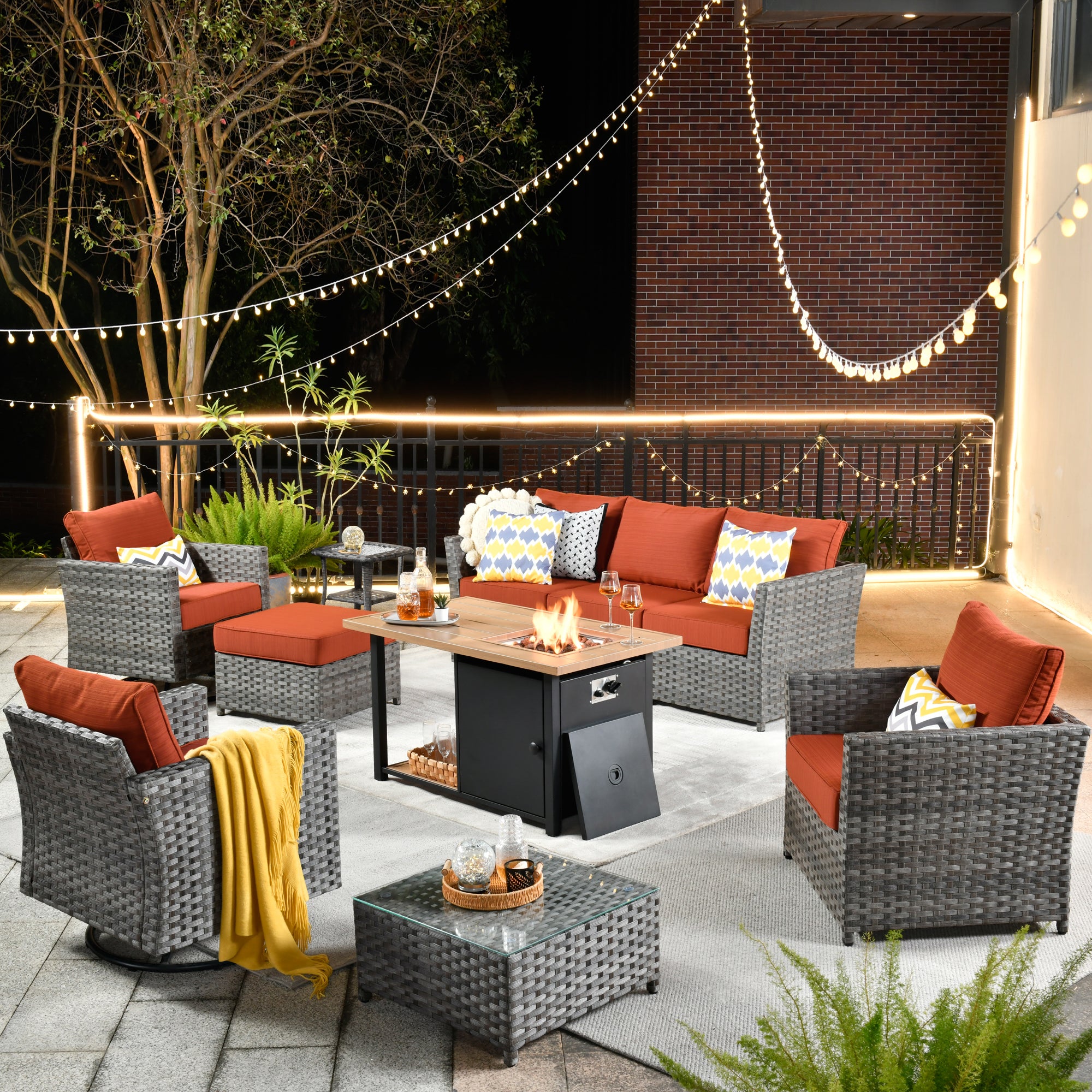 OVIOS Patio Furniture Set 10-Piece include 42"Rectangle Fire Pit Table&Swivel Chairs, Partially Assembled,BRS Series