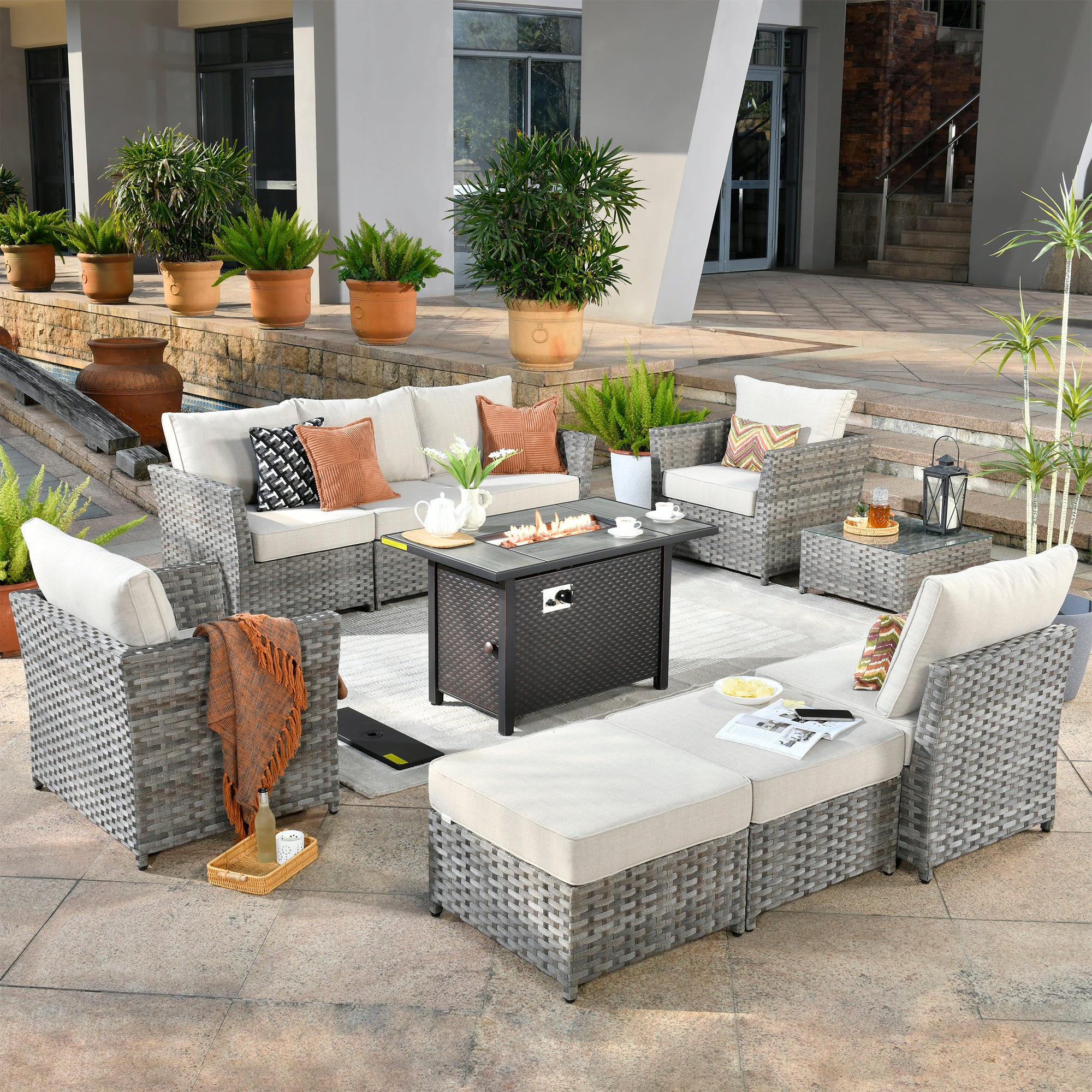 OVIOS Patio Furniture Set 10-Piece include 42"Fire Pit Table,New Rimaru Series