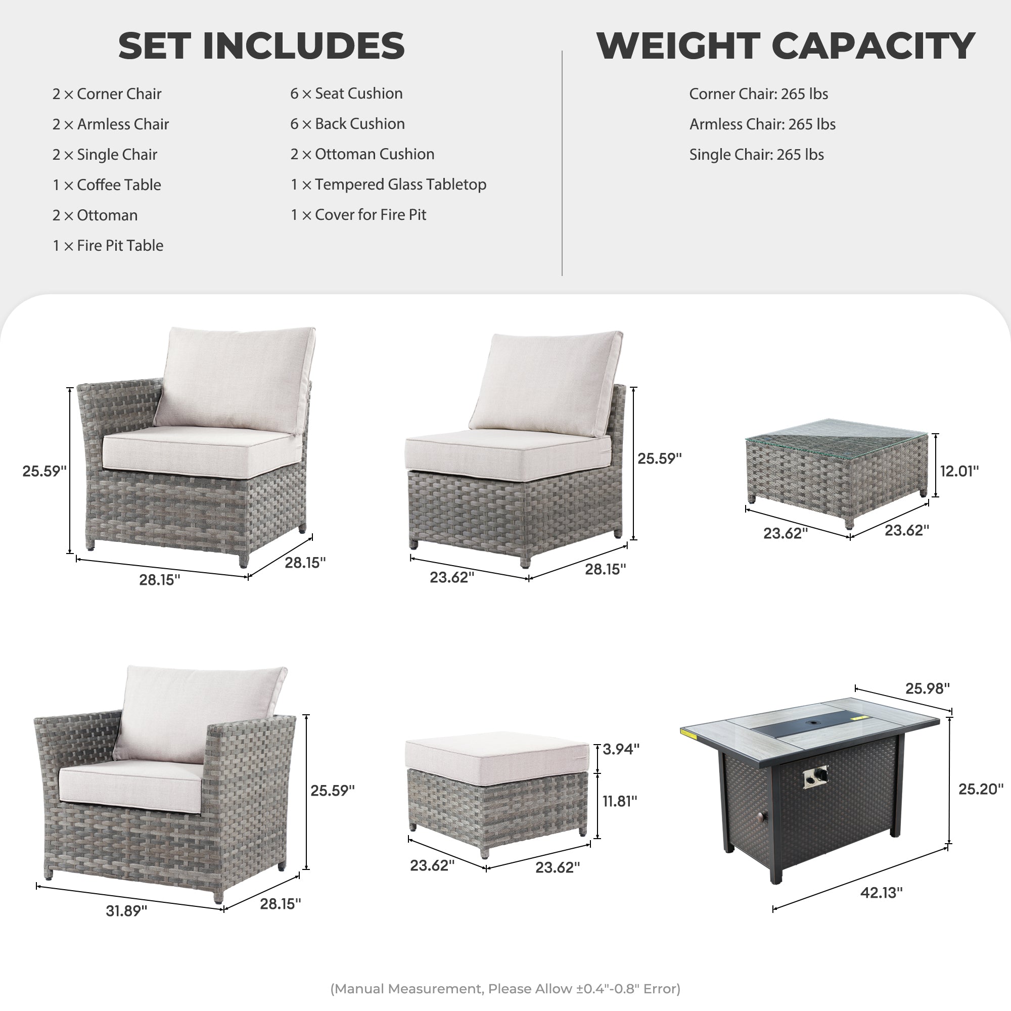 OVIOS Patio Furniture Set 10-Piece include 42"Fire Pit Table,New Rimaru Series