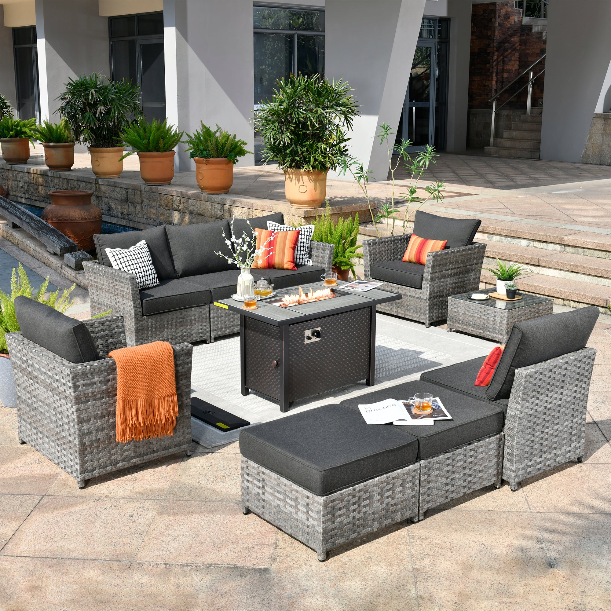 10-Pc Patio Set with Fire Pit Table