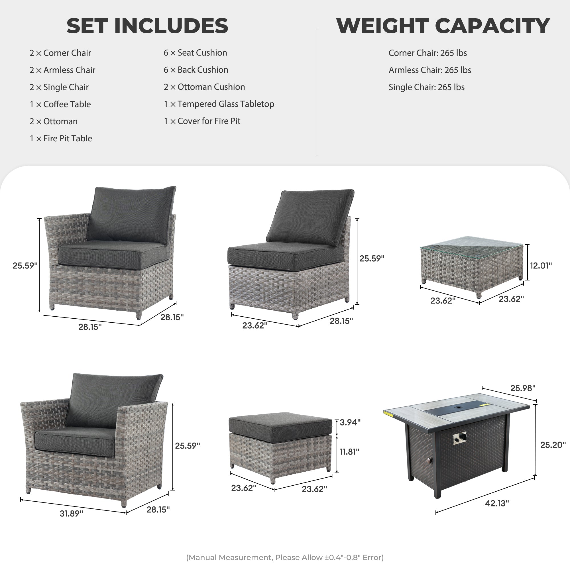 OVIOS Patio Furniture Set 10-Piece include 42"Fire Pit Table,New Rimaru Series