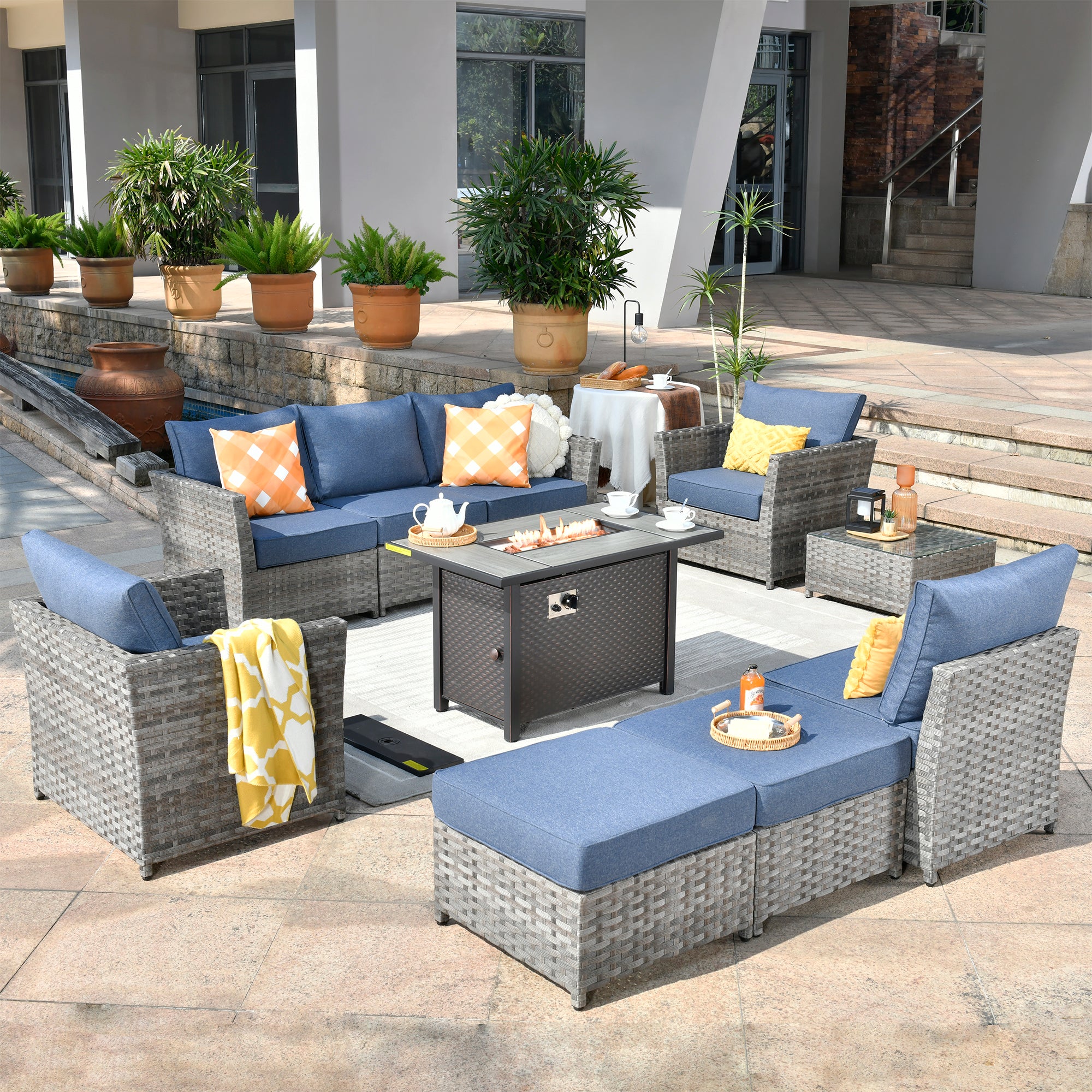 OVIOS Patio Furniture Set 10-Piece include 42"Fire Pit Table,New Rimaru Series