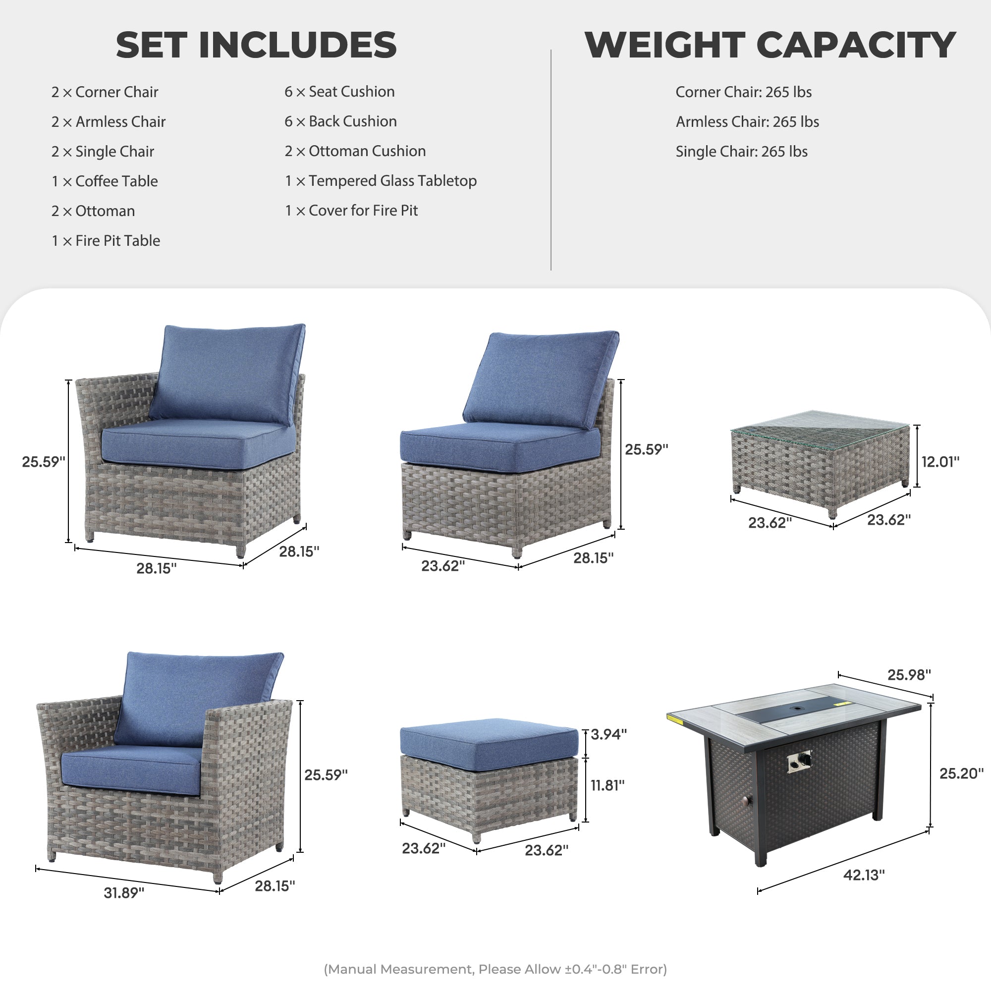 OVIOS Patio Furniture Set 10-Piece include 42"Fire Pit Table,New Rimaru Series