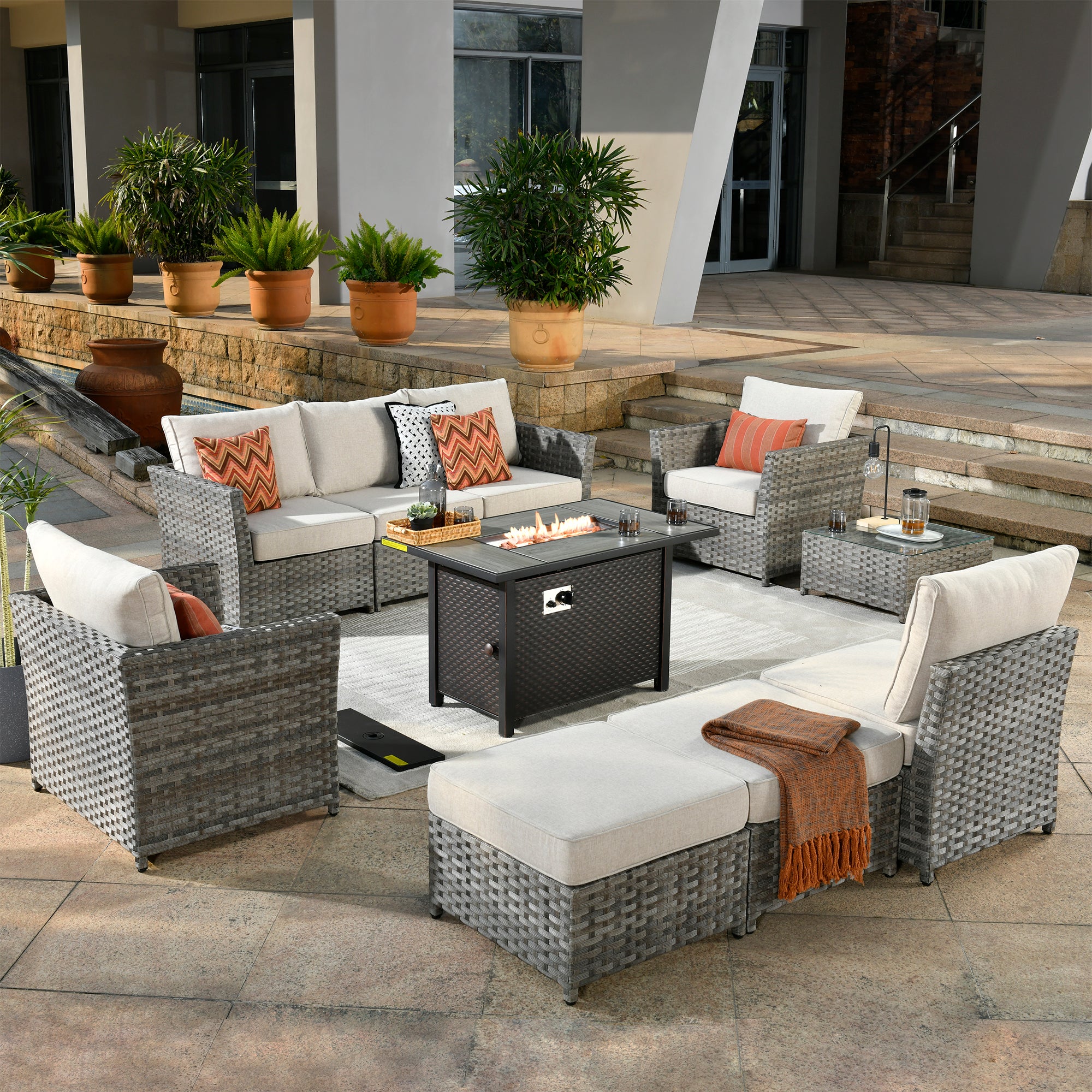 OVIOS Patio Furniture Set 10-Piece include 42"Fire Pit Table,New Rimaru Series