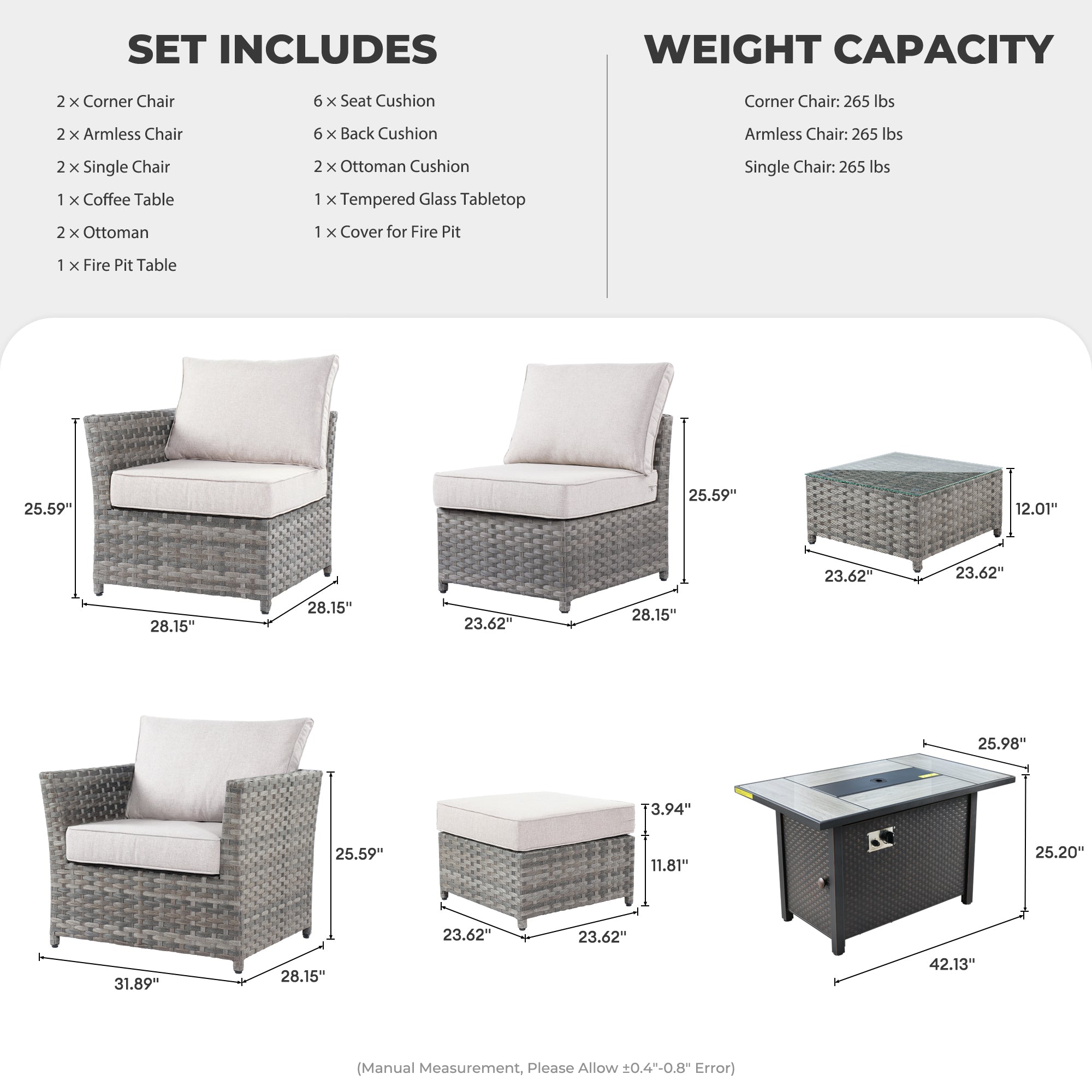OVIOS Patio Furniture Set 10-Piece include 42"Fire Pit Table,New Rimaru Series