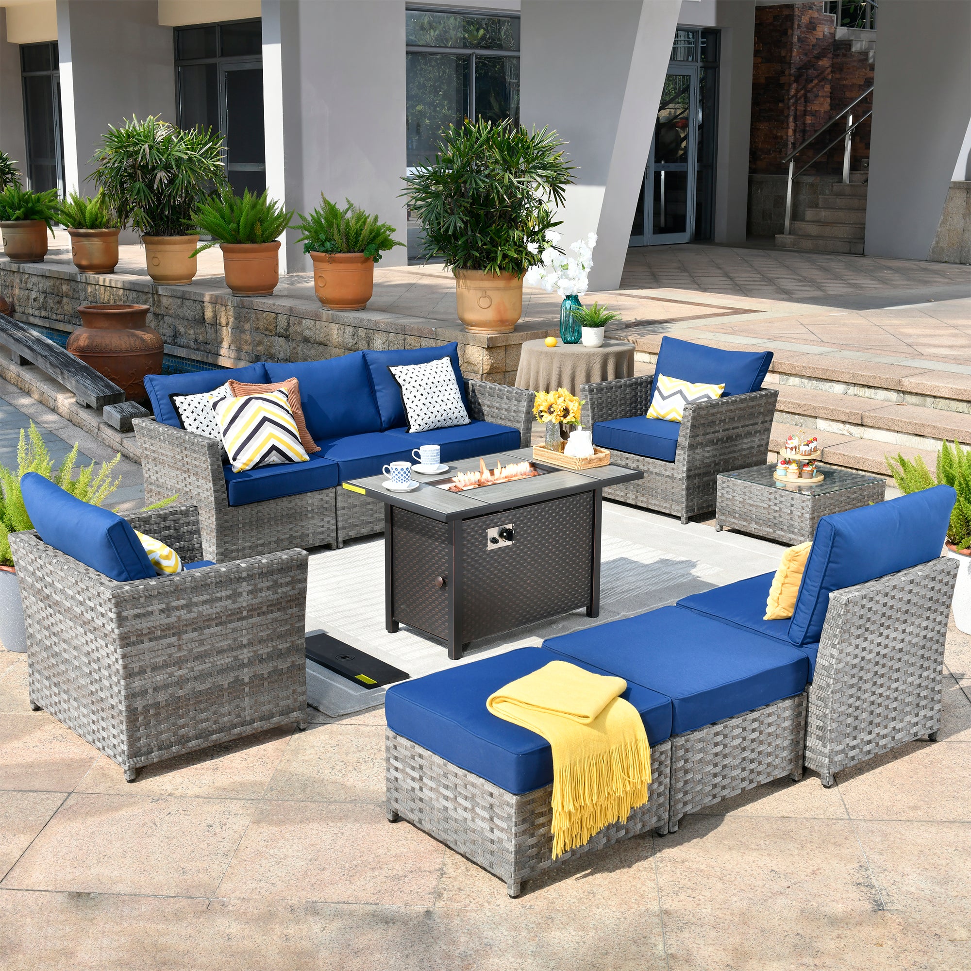 OVIOS Patio Furniture Set 10-Piece include 42"Fire Pit Table,New Rimaru Series