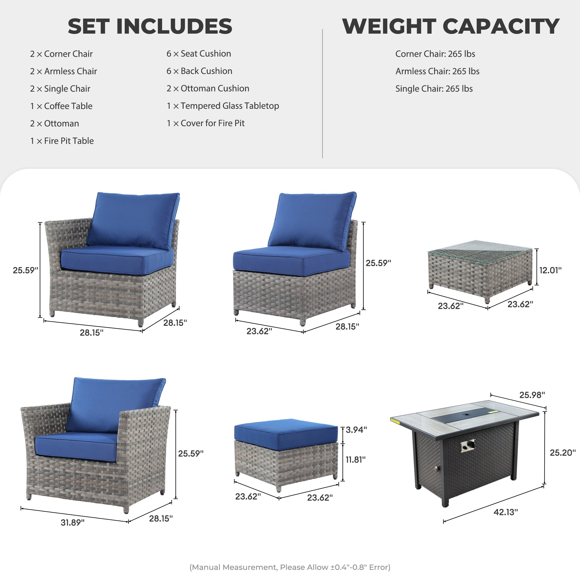 OVIOS Patio Furniture Set 10-Piece include 42"Fire Pit Table,New Rimaru Series
