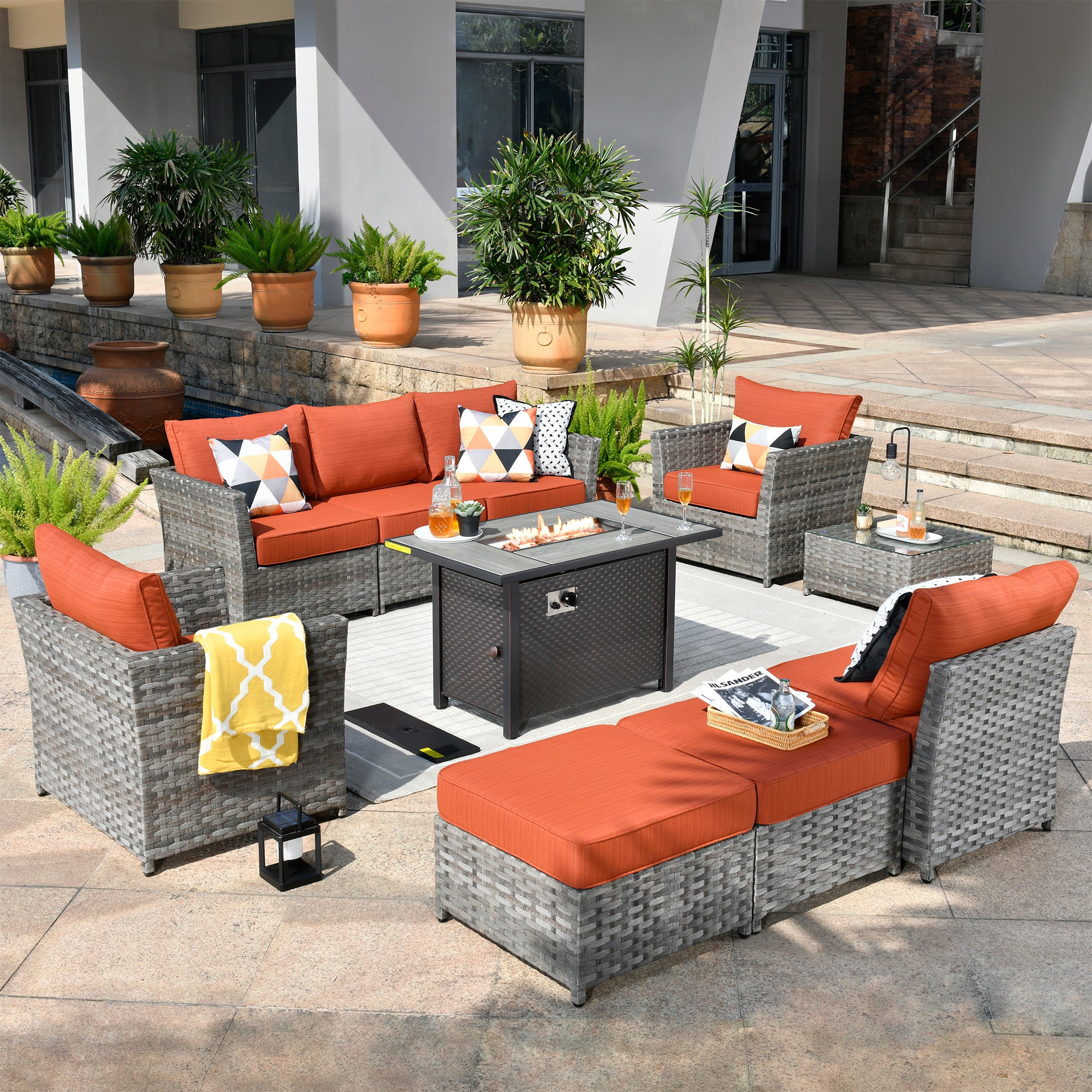 OVIOS Patio Furniture Set 10-Piece include 42"Fire Pit Table,New Rimaru Series