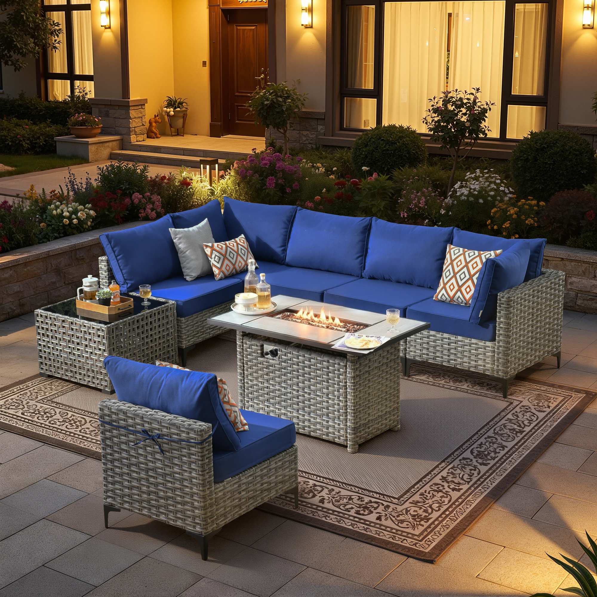 OVIOS Modular Wicker Patio Furniture Set with Fire Pit Table & Coffee Table