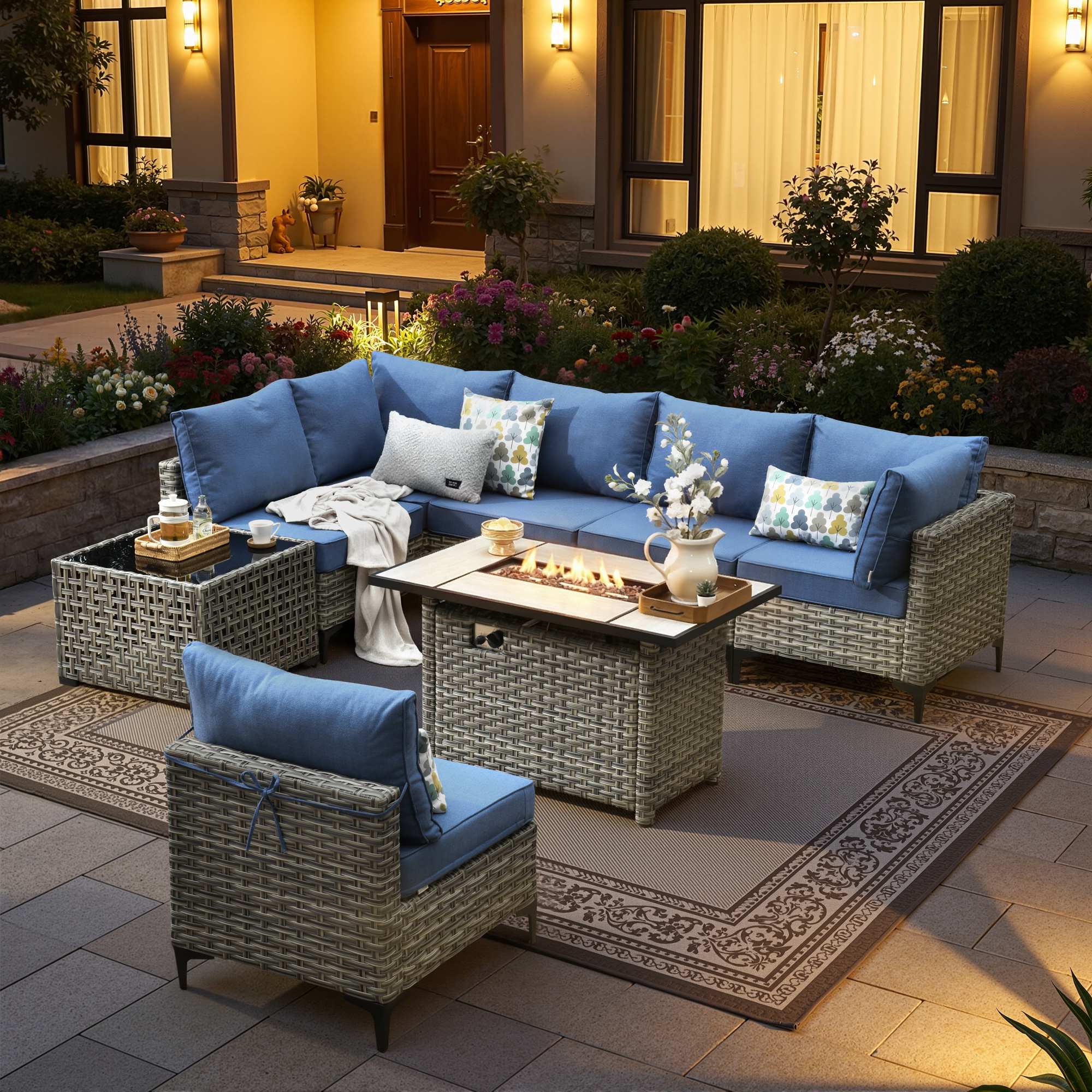 OVIOS Modular Wicker Patio Furniture Set with Fire Pit Table & Coffee Table
