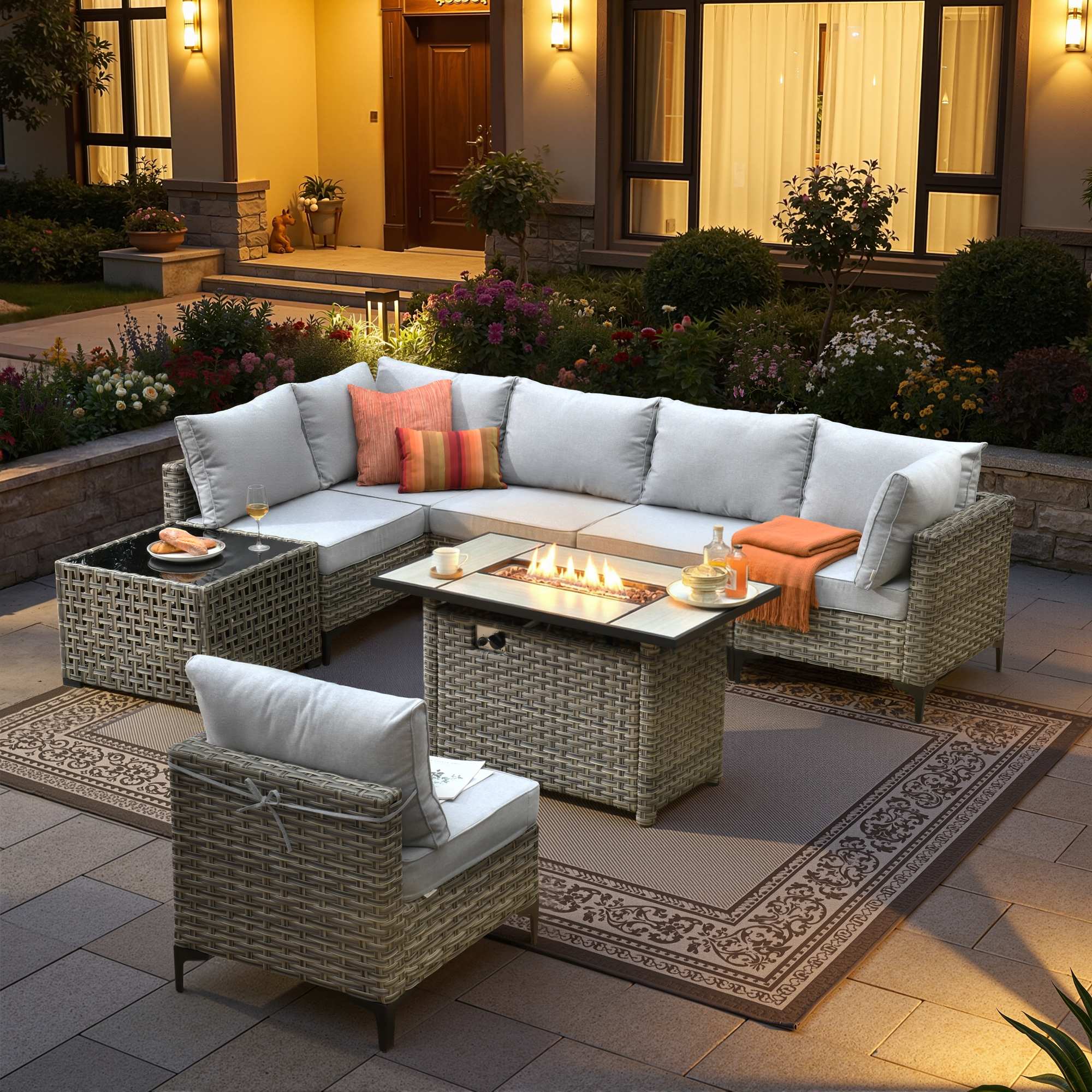 OVIOS Modular Wicker Patio Furniture Set with Fire Pit Table & Coffee Table