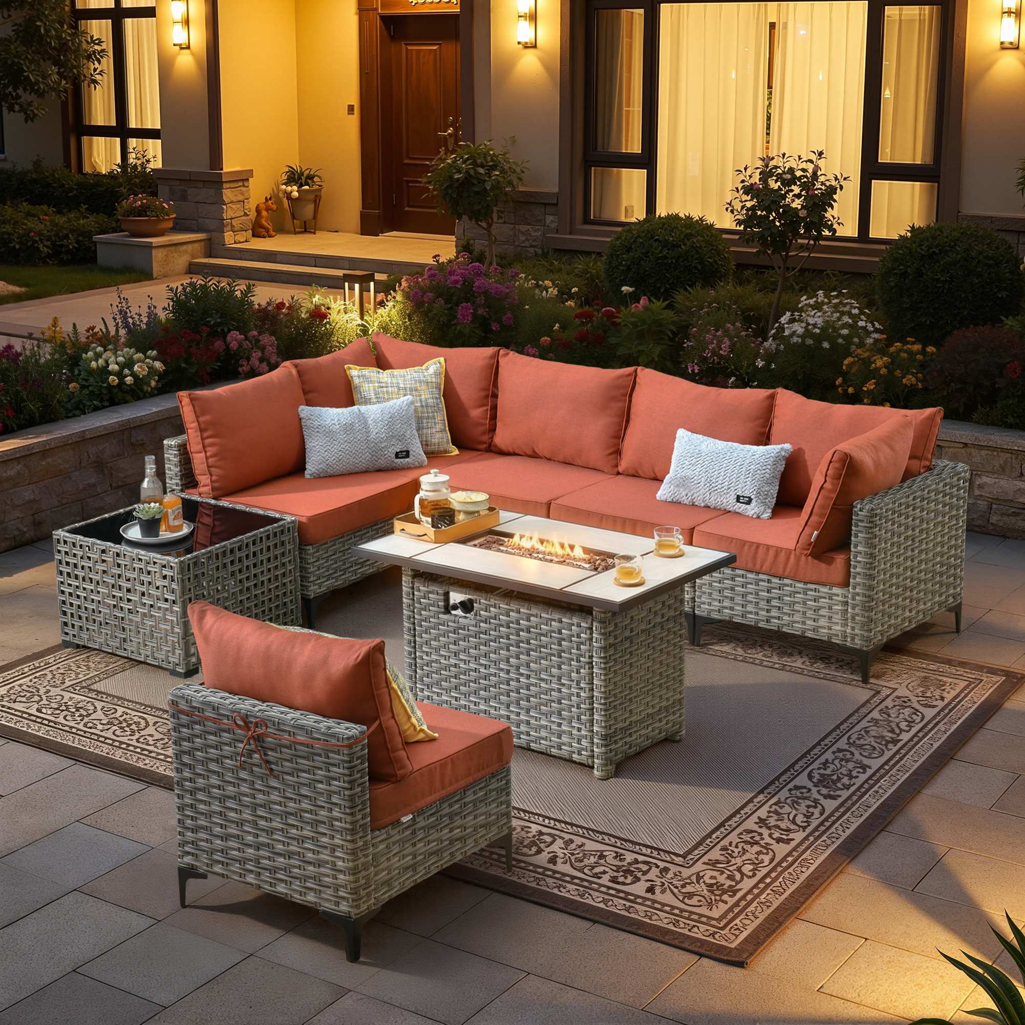 OVIOS Modular Wicker Patio Furniture Set with Fire Pit Table & Coffee Table