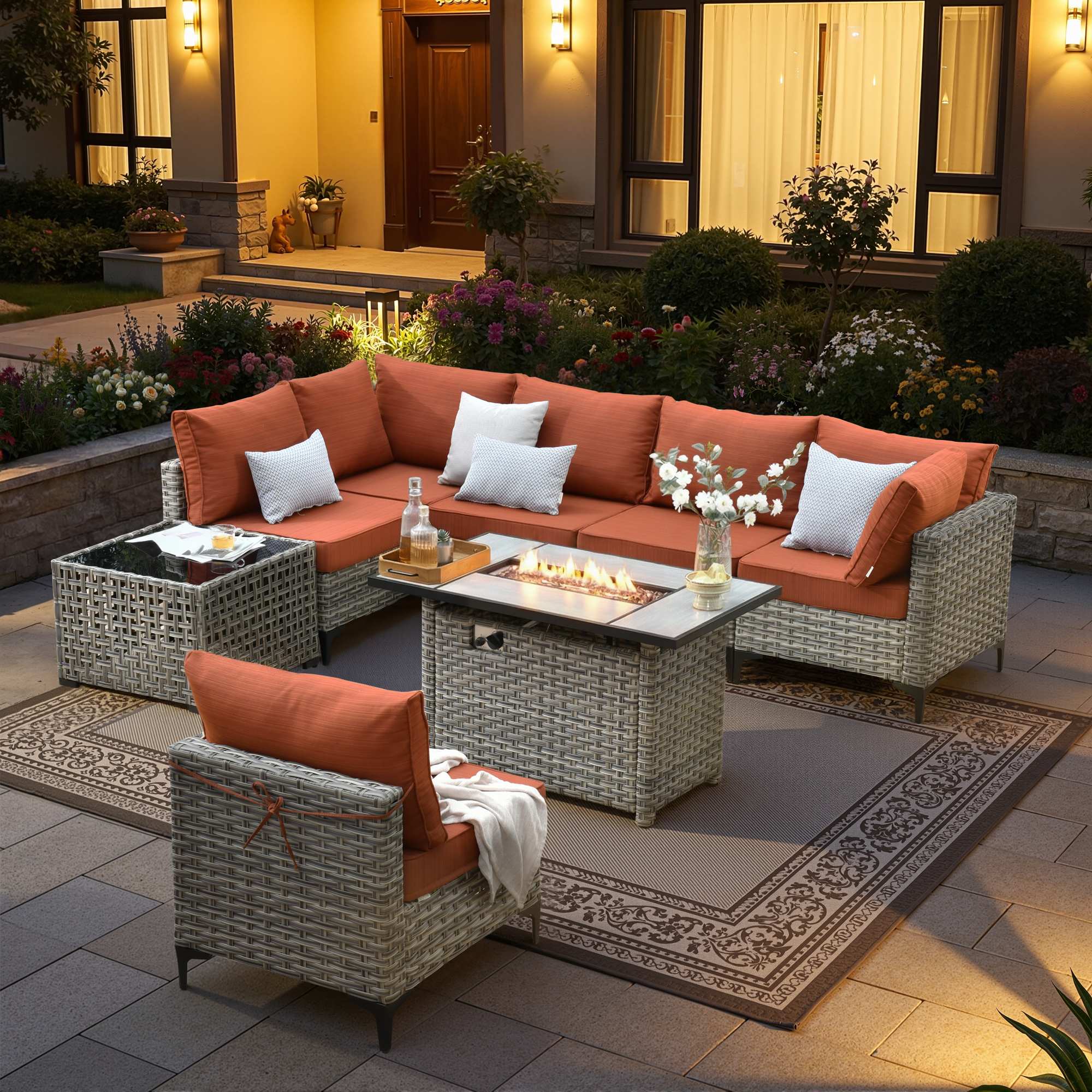 OVIOS Modular Wicker Patio Furniture Set with Fire Pit Table & Coffee Table