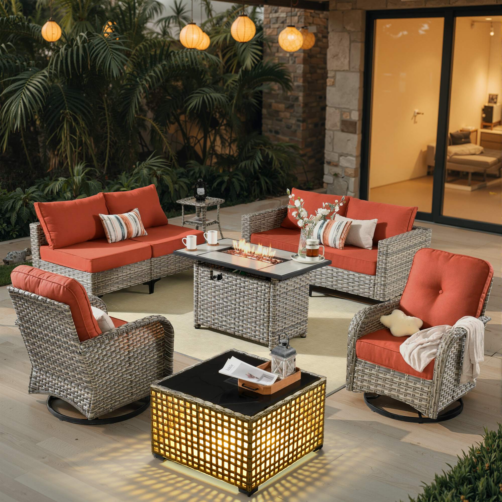 OVIOS All-Weather Patio Furniture Set with Swivel Rocking Chairs & Fire Table