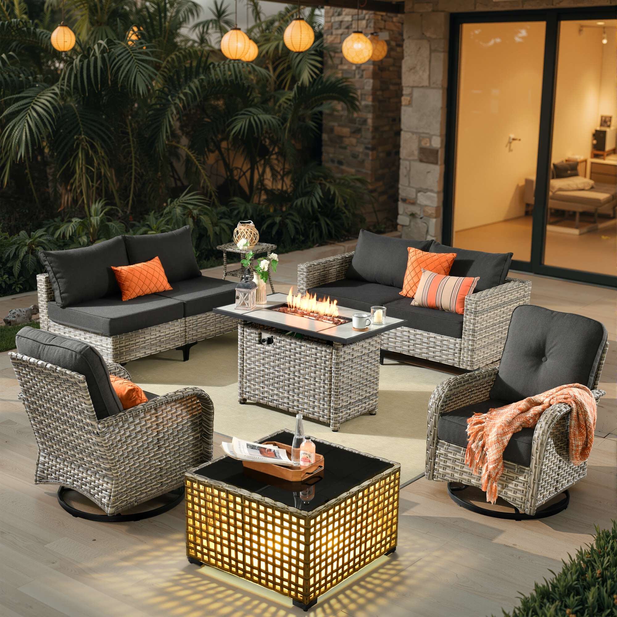 OVIOS All-Weather Patio Furniture Set with Swivel Rocking Chairs & Fire Table
